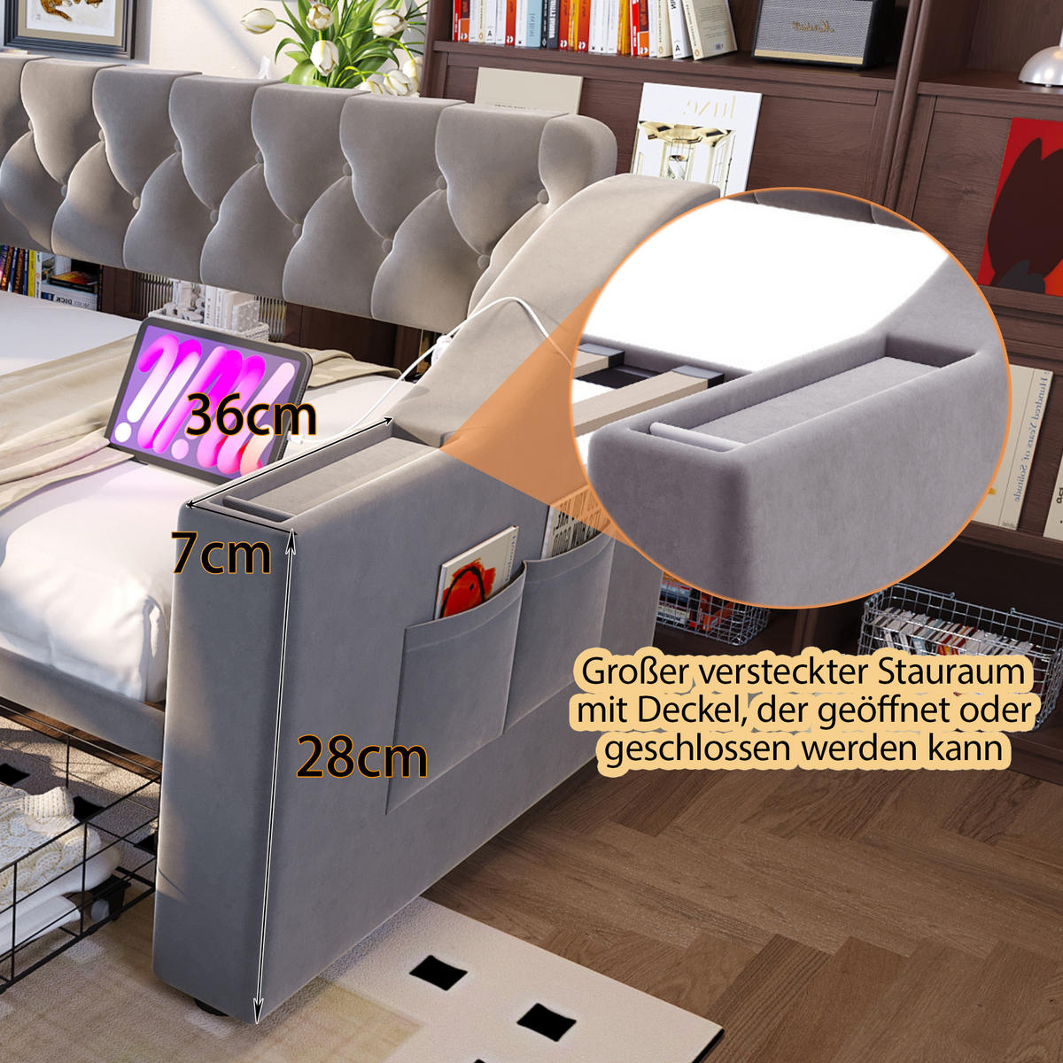 POLSTERBETT 90/190 cm Hellgrau mit Stauraum und Type-C-Anschlüssen aus Samt - Hellgrau, Textil (90/190cm) - OKWISH