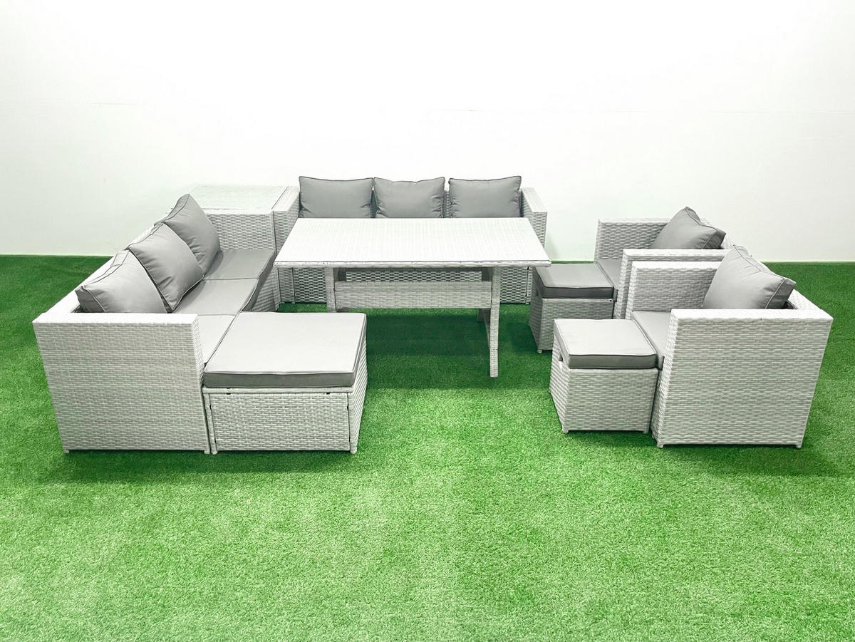 GARTENMÖBEL SET mit 3-Sitzer-Sofa und 2 Stühle, Esstisch,3 Hockern,Beistelltisch Polyrattan Hellgrau 11-Sitzer - Hellgrau/Grau, Glas/Kunststoff - Fimous