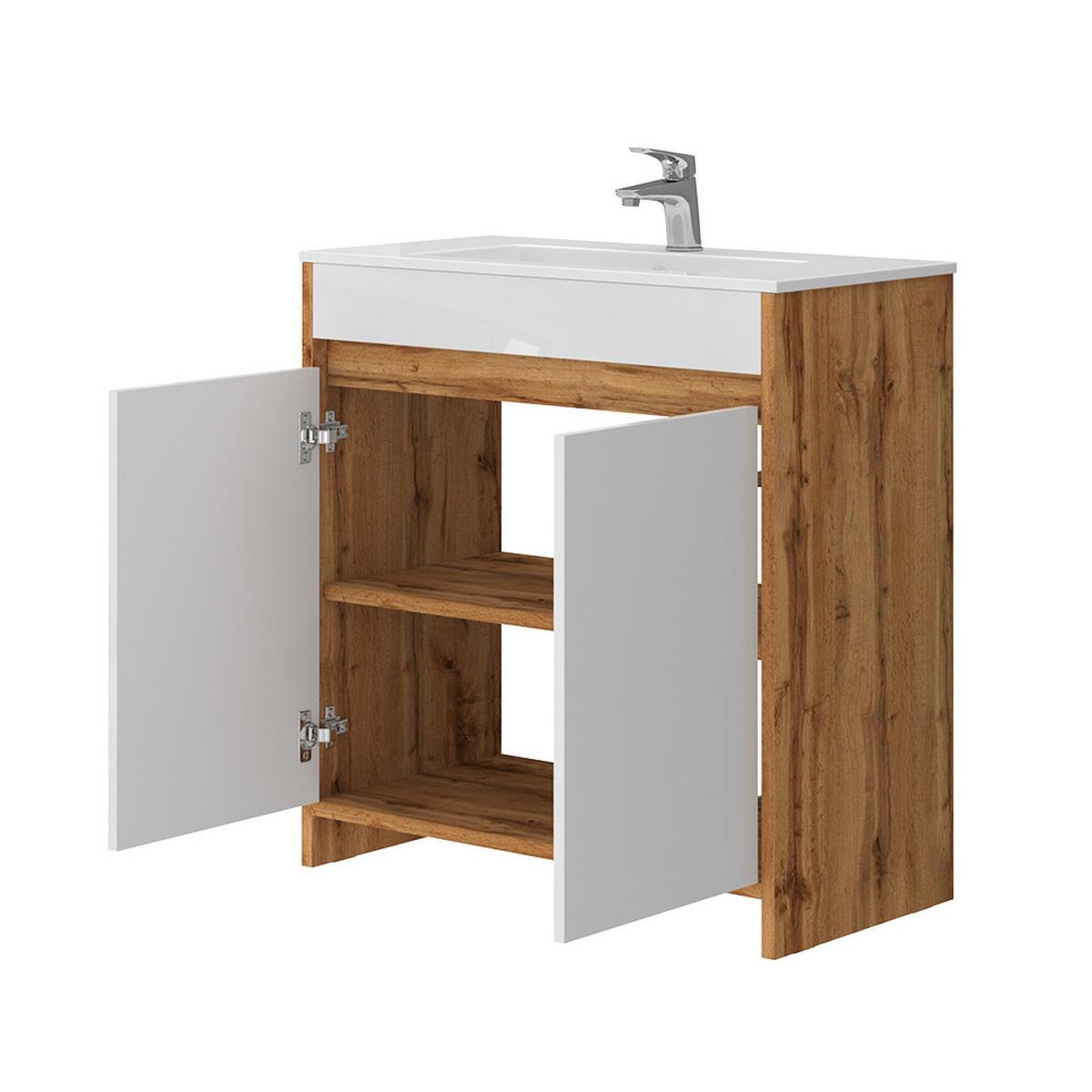 WASCHTISCHKOMBI Lemgo Goldkraft Eiche 2 Teile - Honigeiche/Weiß Hochglanz, Holzwerkstoff (79.8/81.9/40cm) - Vicco