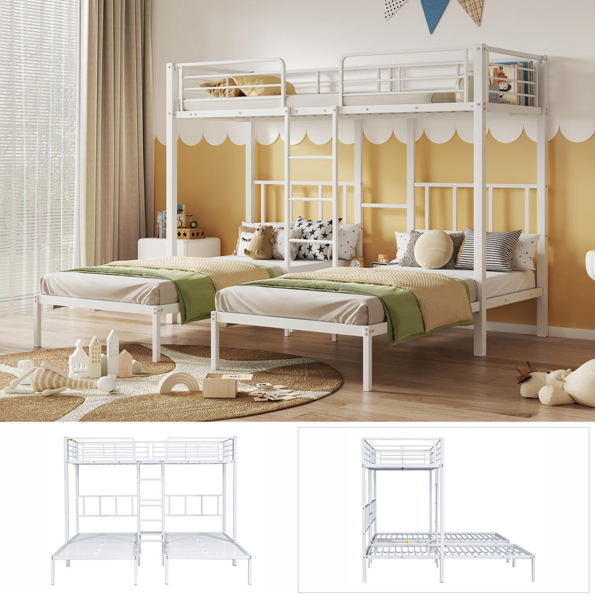 ETAGENBETT 90/200 cm für 3 Personen mit Leiter, Ablage und Tisch, Weiß - Weiß, Metall (90/200cm) - Redom