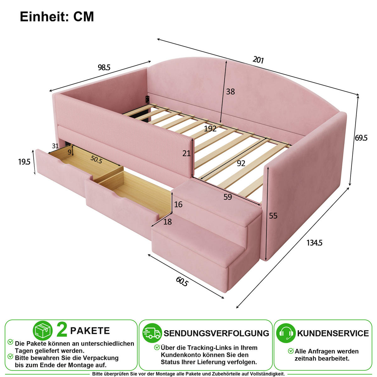 POLSTERBETT 90/190 cm in Rosa mit 2 Schubladen und Stufen, Samt - Rosa, Holzwerkstoff/Textil (90/190cm) - CHICFURN