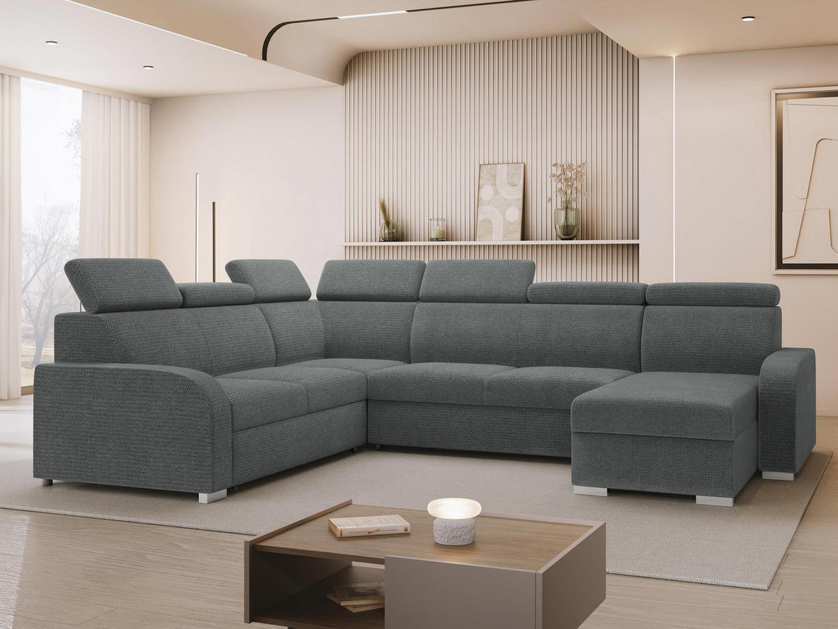 WOHNLANDSCHAFT Oslo 2rR2pLC - Dunkelgrau/Silberfarben, Holz/Kunststoff (315/85/250cm) - MIRJAN24