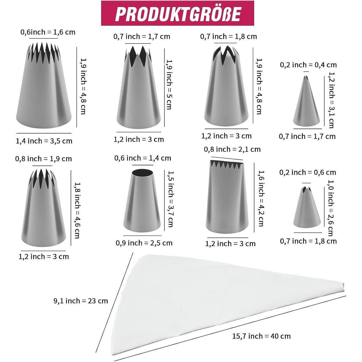 SPRITZBEUTEL Set 10-teilig mit 8 Edelstahl-Tüllen 40 cm - Silberfarben, Textil (15.7/1/40cm)