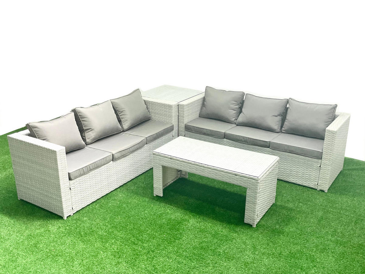 GARTENSOFA hohe Rückenlehne Polyrattan Hellgrau-Mix 6-Sitzer - Hellgrau/Grau, Glas/Kunststoff - Fimous