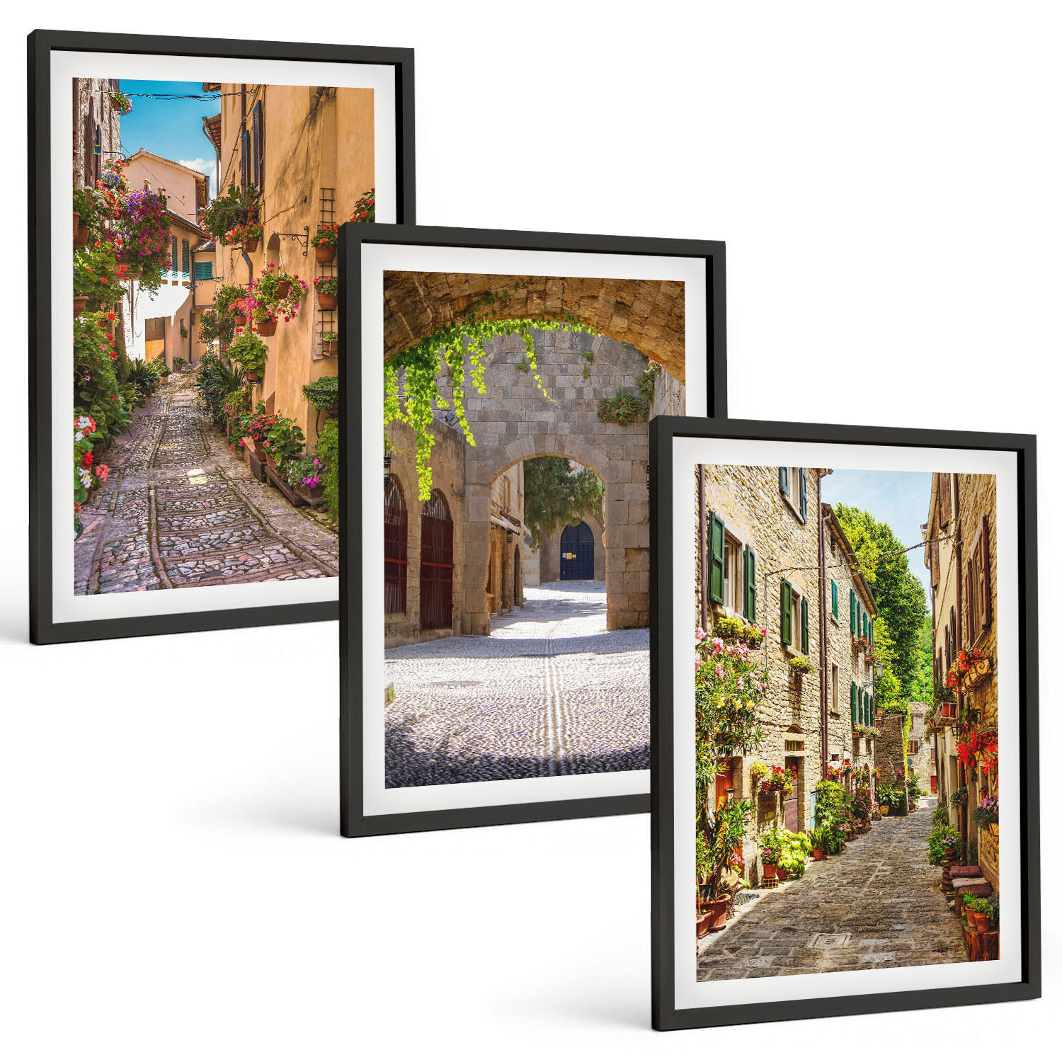 BILDER SET 3er Set - 40x60 cm Schwarzer Rahmen - Italienische Straßen, Blumen, Architektur - Schwarz, Kunststoff (40/60cm) - TULUP