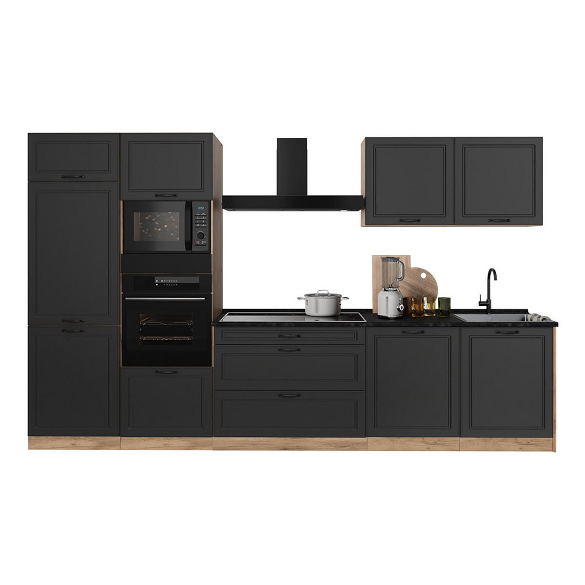 KÜCHENZEILE R-Line, Anthrazit Landhaus/Goldkraft Eiche, 340 cm Arbeitsplatte Goldkraft Eiche - Eichefarben/Anthrazit, Holzwerkstoff (340/206.8/60cm) - Vicco