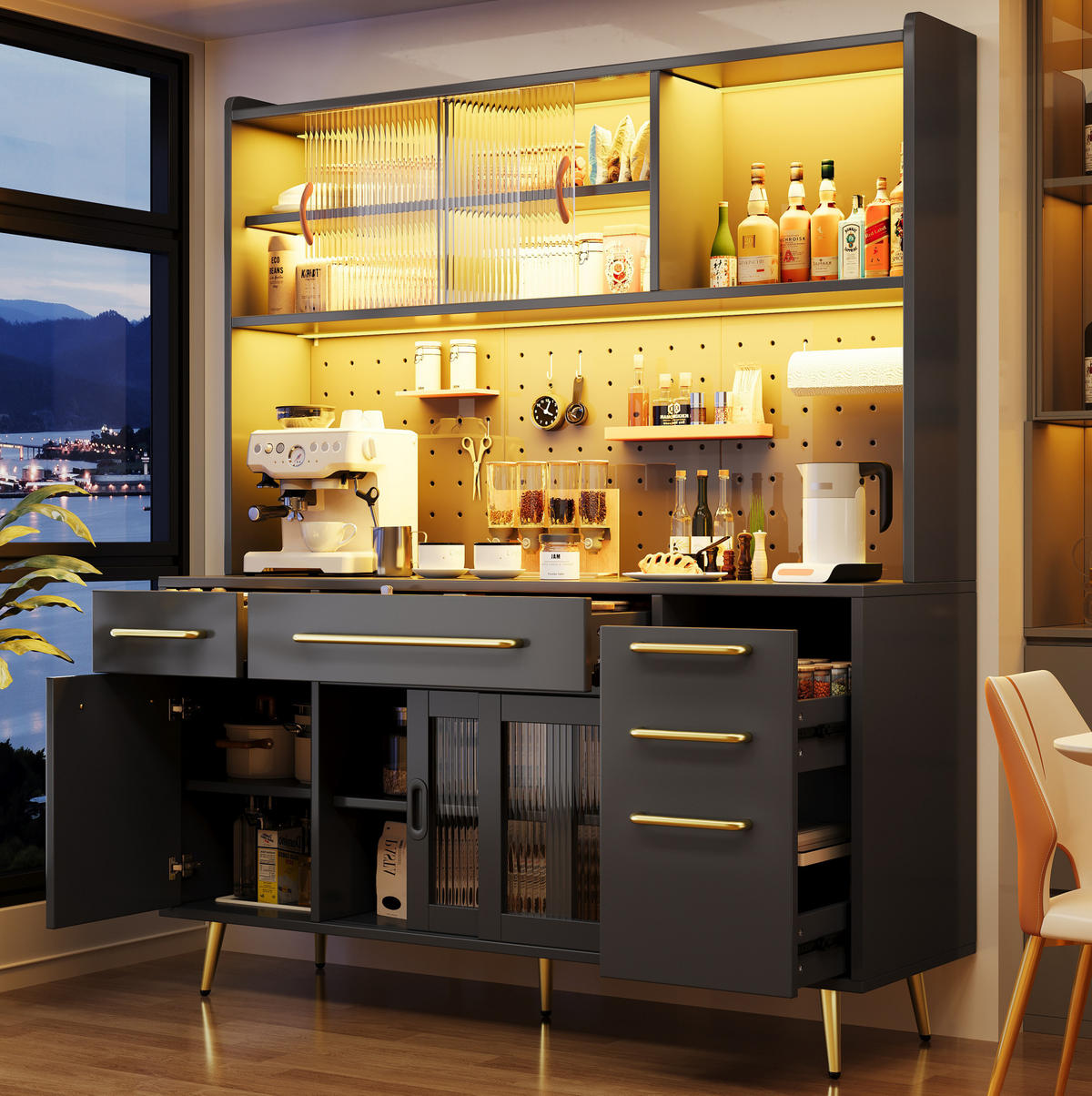 SIDEBOARD z MDF a skla, 145/39/171 cm černý, s LED osvětlením - černá, kompozitní dřevo (145/171/39cm) - Modenvie