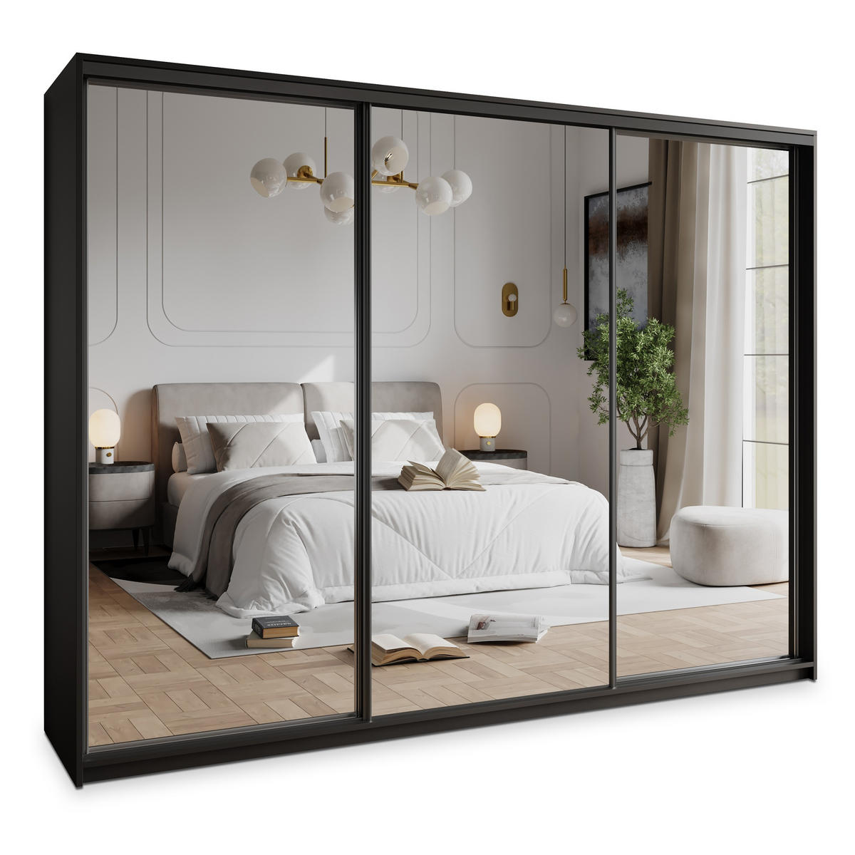 SCHWEBETÜRENSCHRANK RIEN 250/205/60 cm 3-türig mit Spiegel und Schubladen Schwarz - Schwarz, Holzwerkstoff (250/205/60cm) - MASSENO