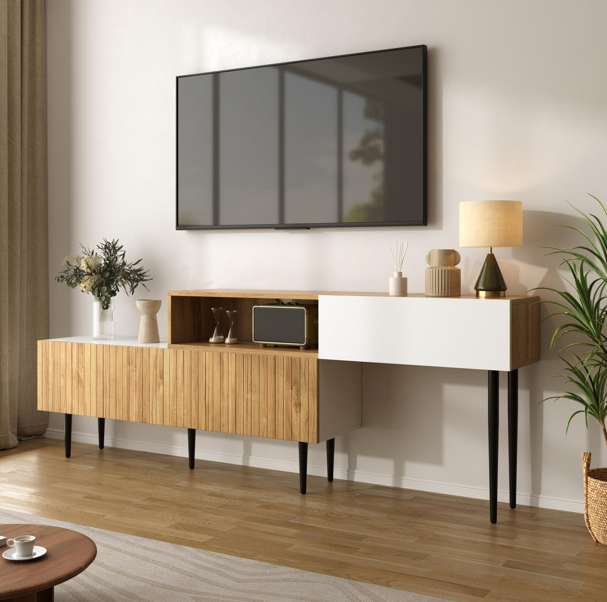LOWBOARD 120/120/30/63.5 cm in Weiß/Holzoptik aus MDF und Spanplatte, modular verstellbar - Naturfarben, Holzwerkstoff (30/63.4/220cm) - OKMYHOME