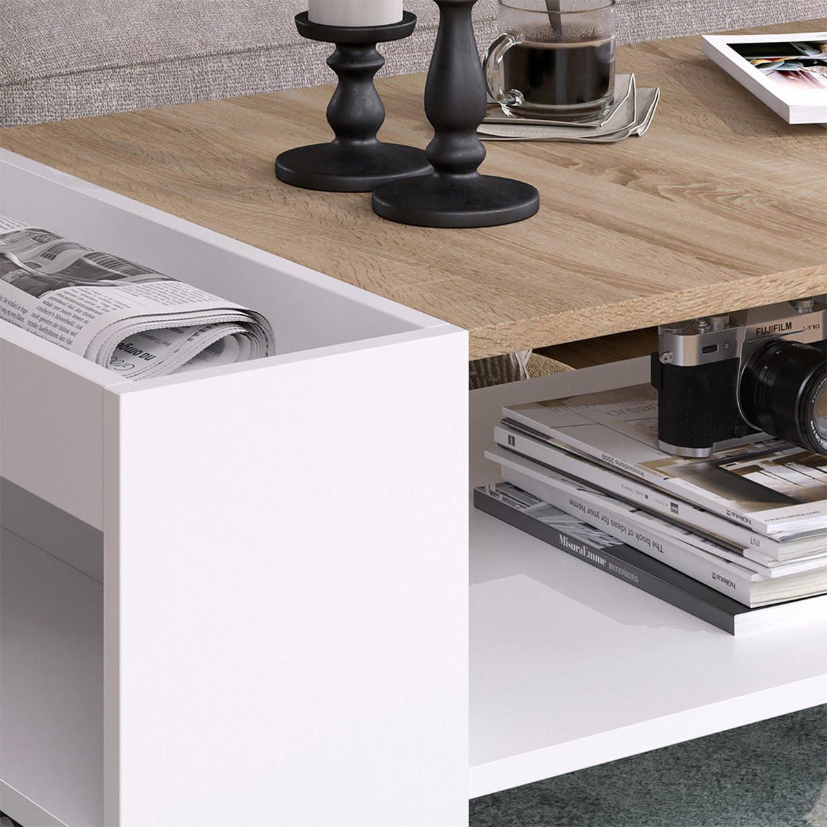 COUCHTISCH Wido Weiß/Sonoma 100 x 55 cm mit Regalen - Weiß, Holzwerkstoff (55/100/42cm) - Vicco
