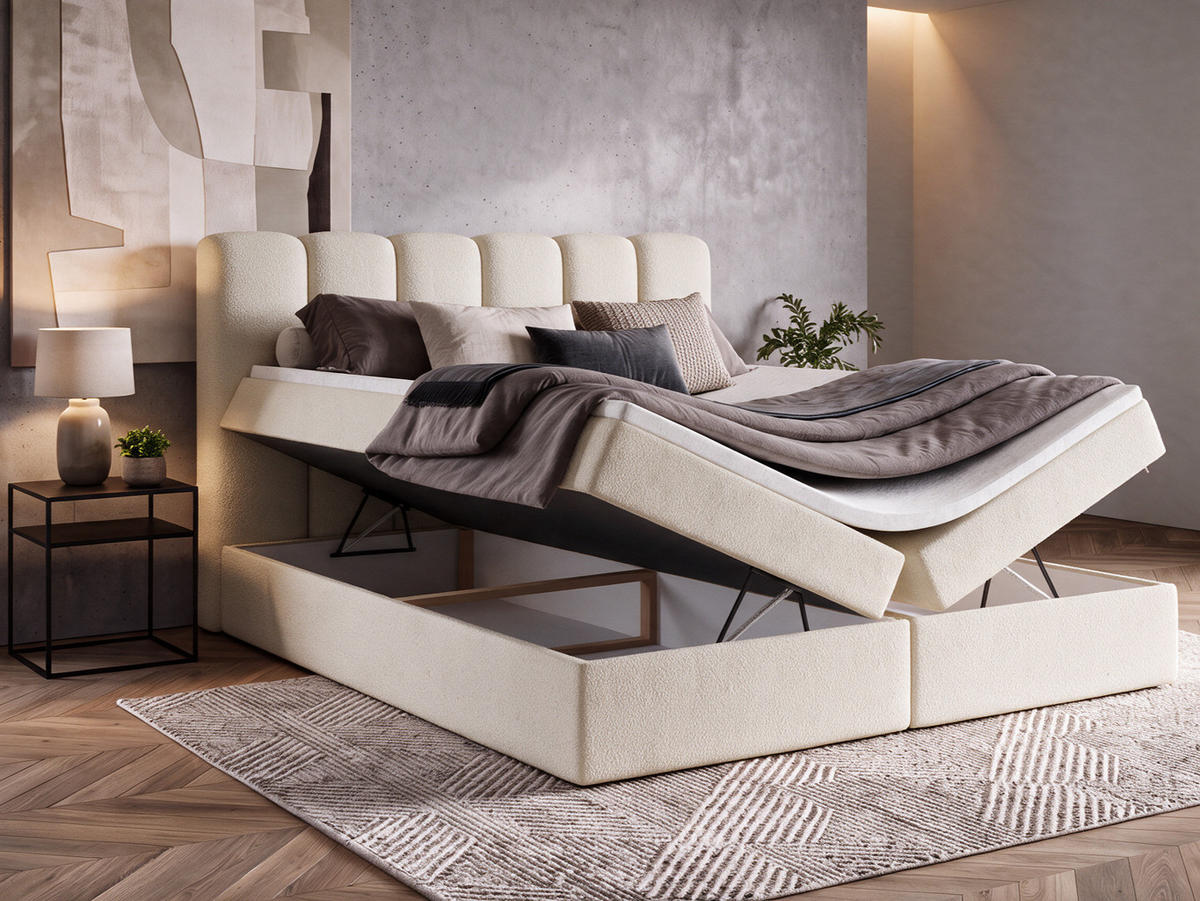 BOXBET NOLARO 160x200 cm Komplett-Set mit Bettkasten, Bonell-Matratze und Topper, Bouclé Creme - Creme, Textil (160/200cm) - Luxkor24