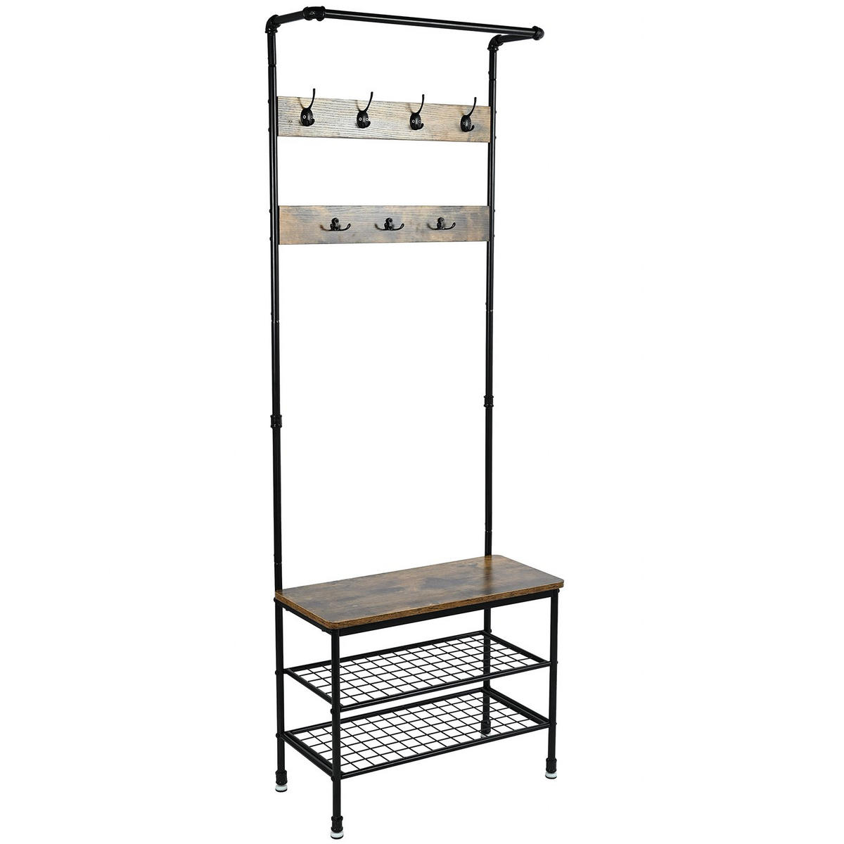 GARDEROBENSTÄNDER Bambus Metall Holzoptik mit Bank 66×32×186 cm - Schwarz/Naturfarben, Holzwerkstoff/Metall (66/183/32cm) - Begryf