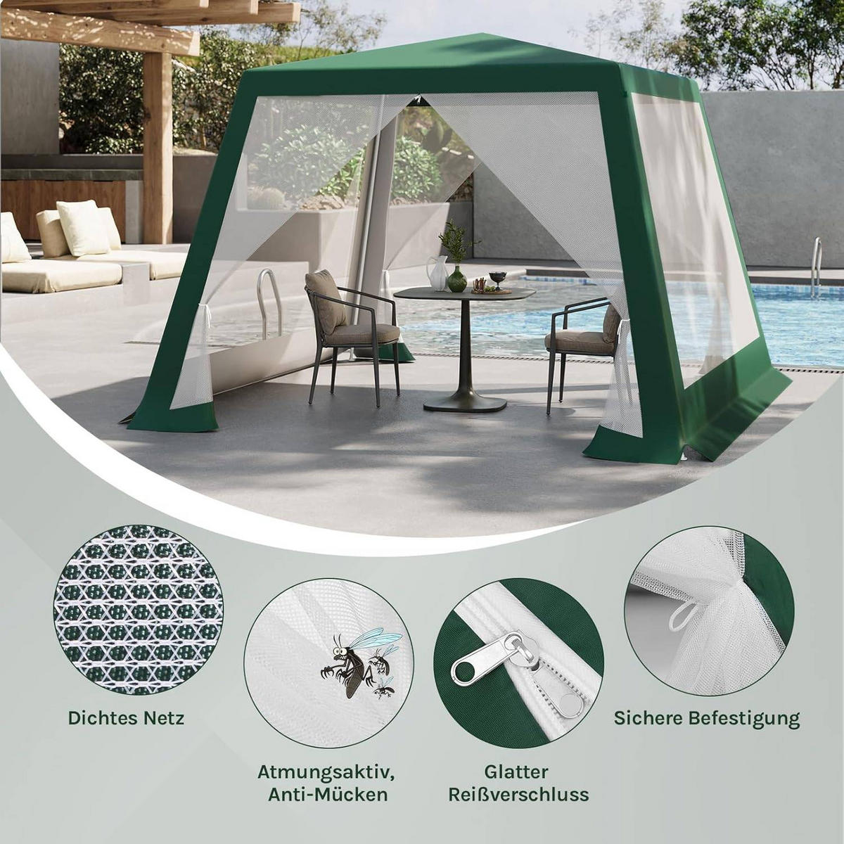 PAVILLON 3x3 m, Gartenpavillon mit Seitenwänden Moskitonetz - Grün, Metall (300/250/300cm) - Woltu