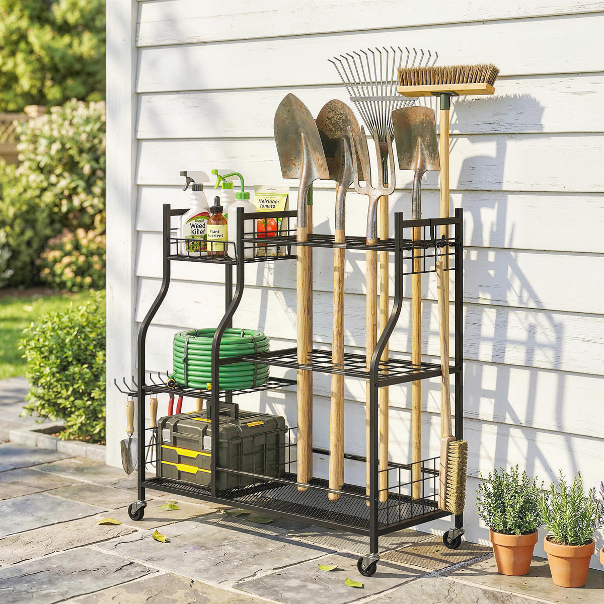 GARTENREGAL DE-13867 3-stufig mit Rollen und Haken Schwarz - Schwarz, Metall (40/95/104cm) - ComfortXL