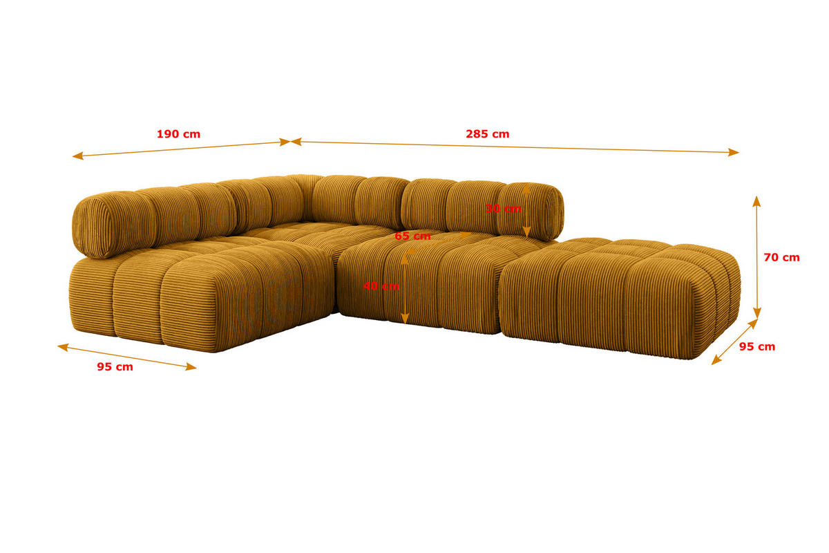ECKSOFA modulares Sofa Favio-L1 - 285x190x70 cm Senfgelb Cord - Currygelb, Holzwerkstoff/Textil (285/190cm) - ALTDECOR