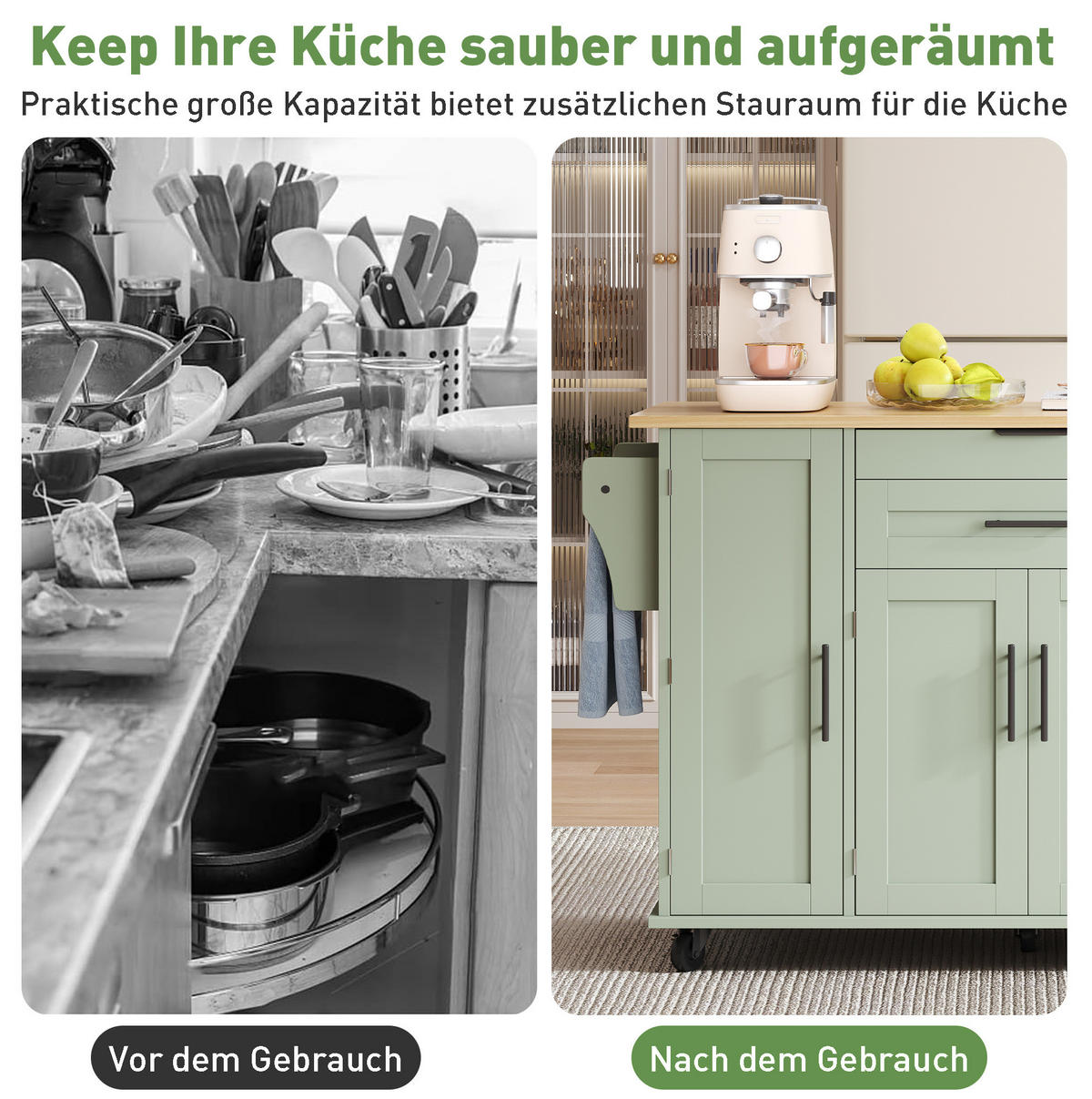 KÜCHENINSEL mit ausziehbarer Arbeitsplatte 136 x 70 x 92 cm Antikgrün - Grün, Holz (70/92/136cm) - Beauniv