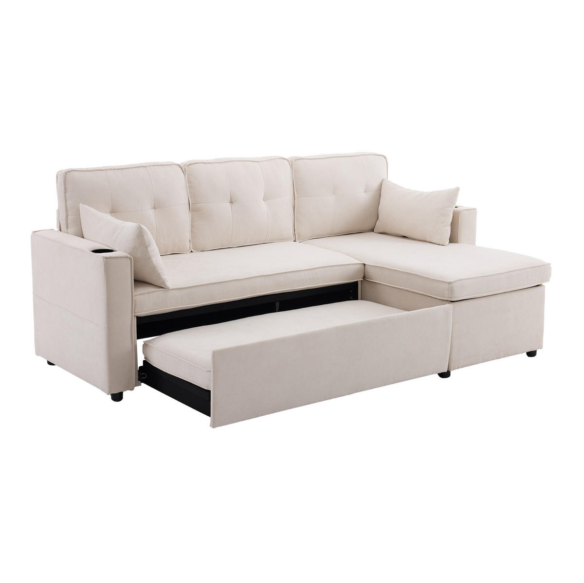 SCHLAFSOFA aus Baumwoll-Leinen 211x130x86 cm Beige mit Stauraum, Getränkehaltern und wechselbarer Chaiselongue - Beige, Textil (211/86/129.5cm) - Modfu