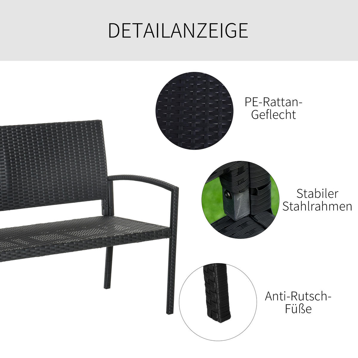 GARTENBANK für 2 Personen, bis 240 kg Belastbar, Schwarz, 122 x 60 x 85cm - Schwarz, Kunststoff (60/85/122cm) - Outsunny