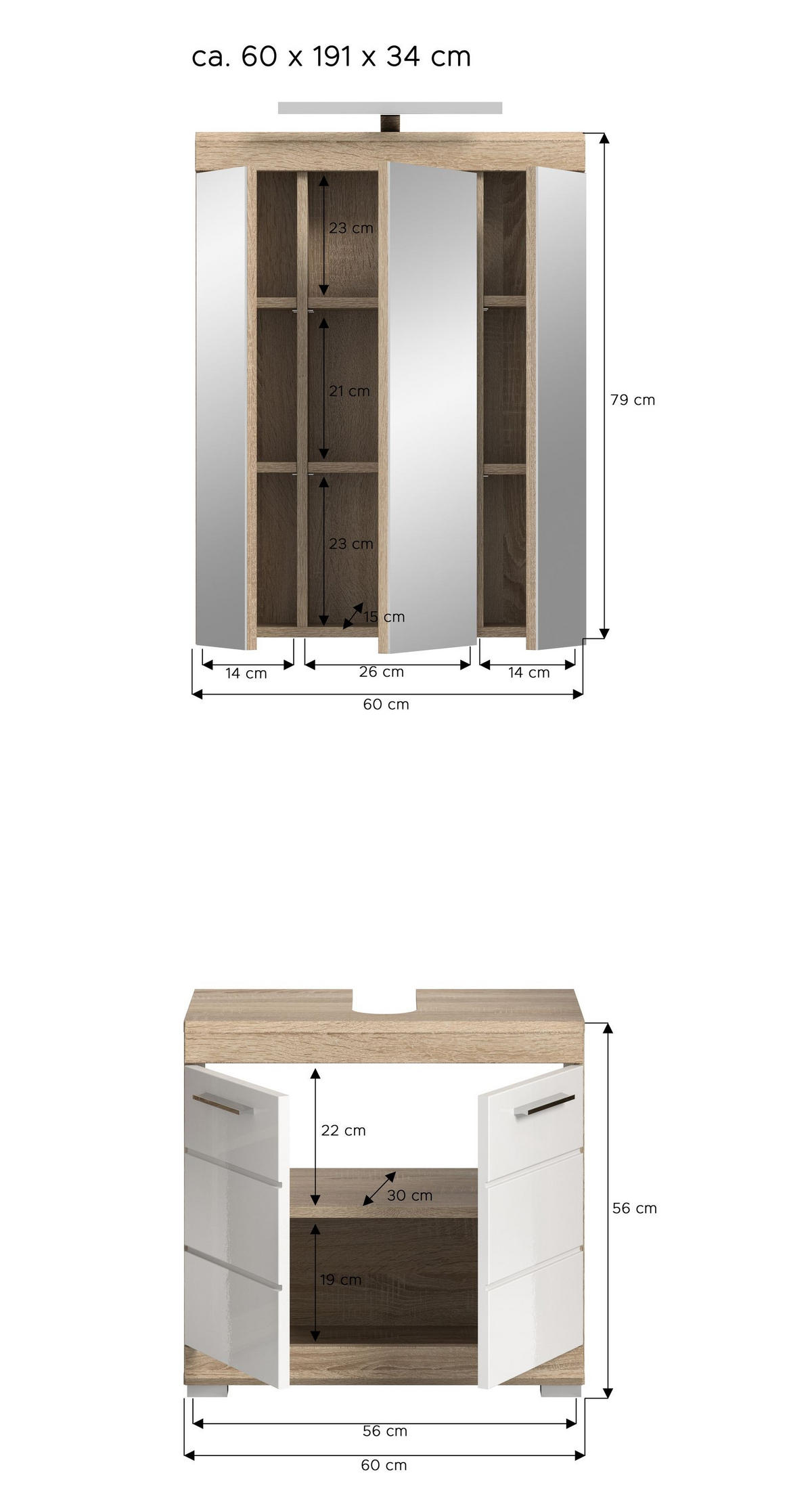 BADKOMBINATION 2tlg. Lambada Bad in Sonoma Eiche hell und weiß hochglanz B/H/T: 60x191x34 cm - Sonoma Eiche, Holz (60/191/34cm)