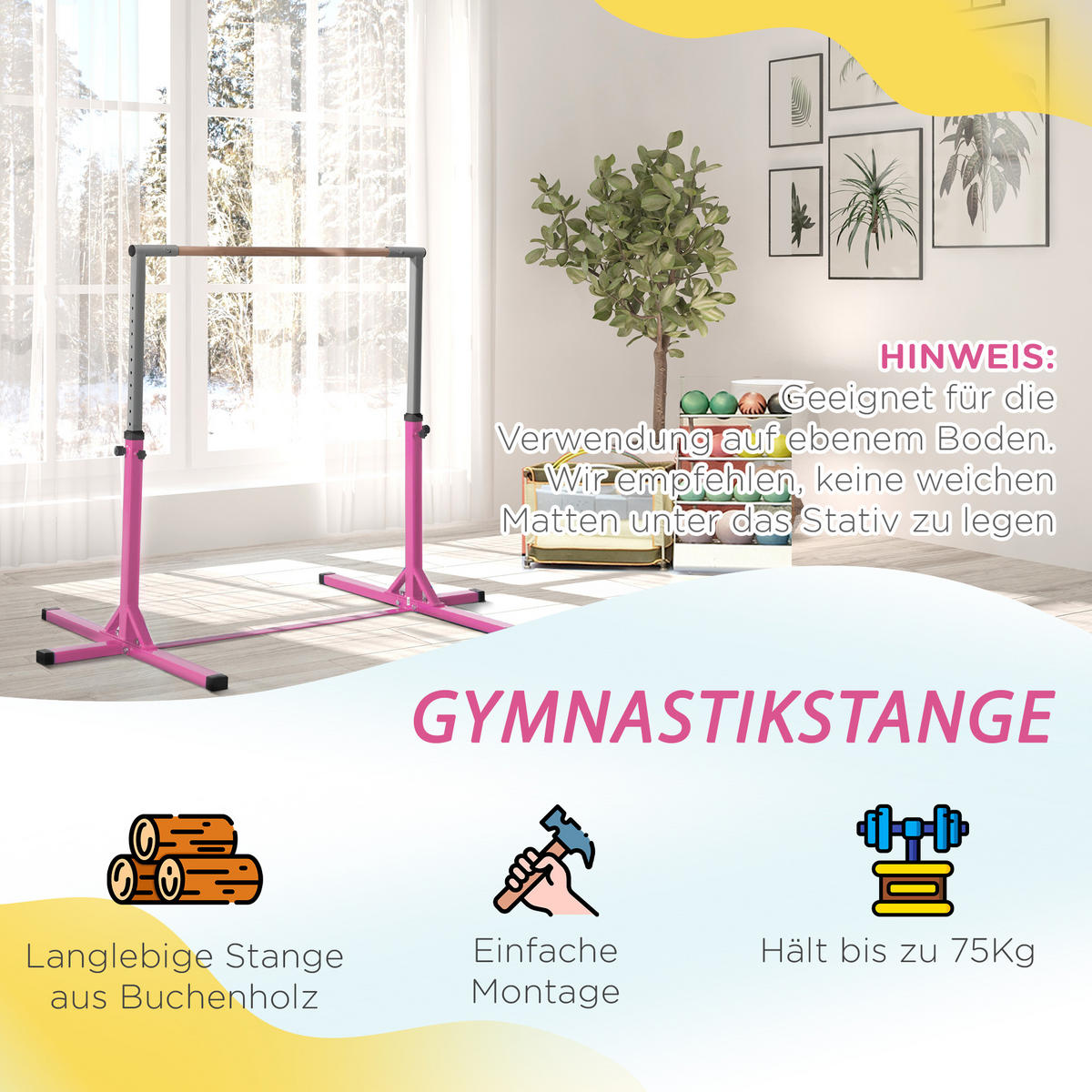 GYMNASTIK Turnreck Reckstange Turnstangen 13-stufige höhenverstellbar Rosa - Rosa, Metall (121/194cm) - HOMCOM