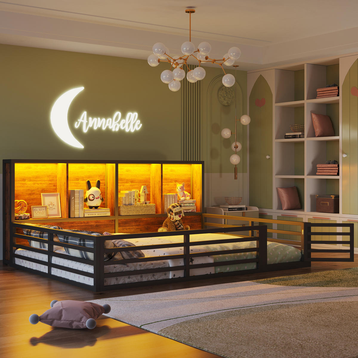 KINDERBETT 140/200 cm mit LED-Beleuchtung, seitlichen Ablagefächern, Lattenrost und Metall/MDF-Gestell, Schwarz - Schwarz, Holzwerkstoff (140/200cm) - Redom