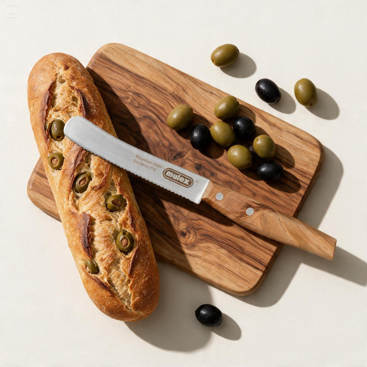 BUTTERMESSER geschmiedet mit Olivenholzgriff - Wellenschliffklinge - Braun, Holz (22cm) - Mulex