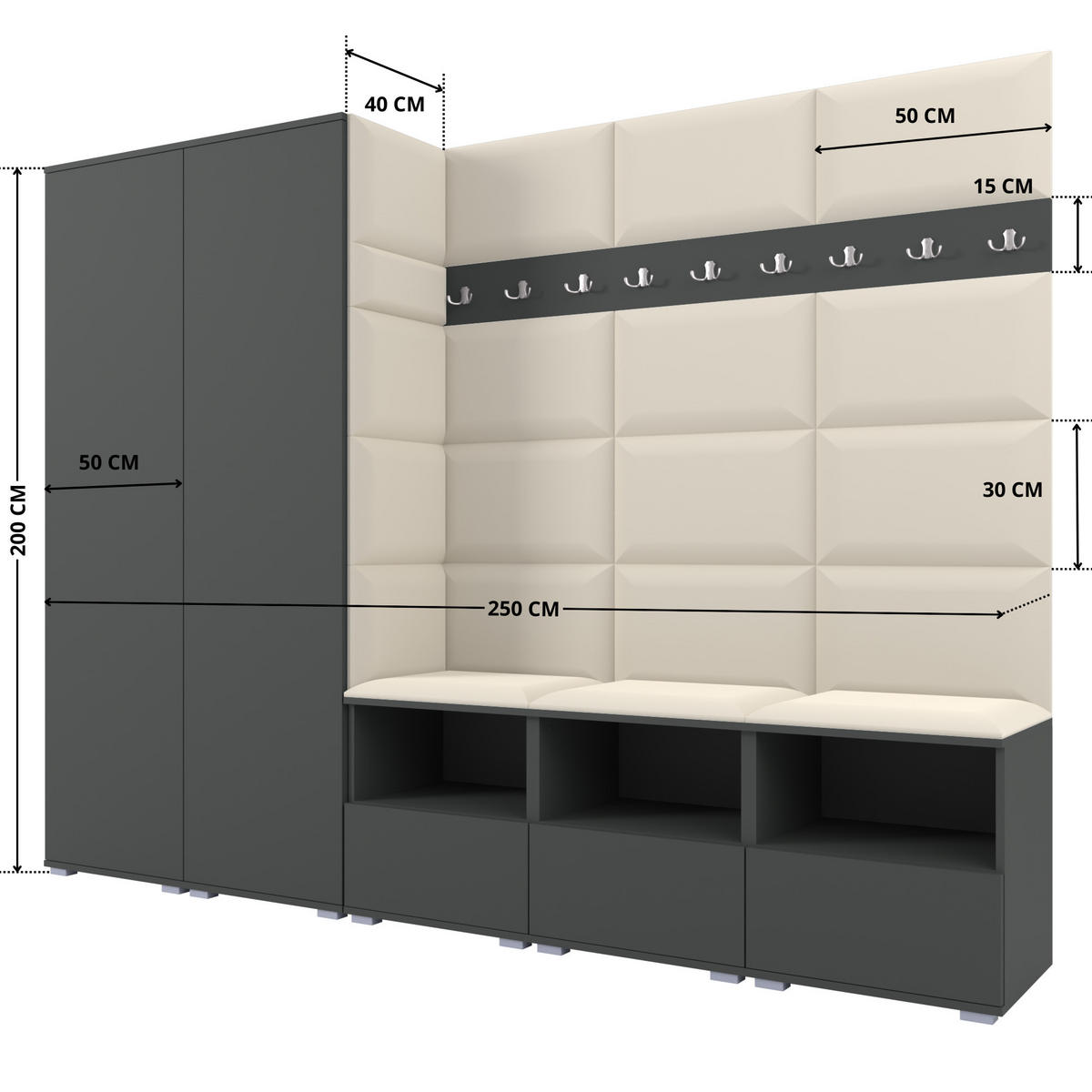 GARDEROBE NELA VII 250 cm (Modulare Flurmöbel XL Graphit mit Sitzpolster Creme 01 2 Schränke) - Silberfarben/Creme, Holz/Holzwerkstoff (250/187/40cm) - Ravio