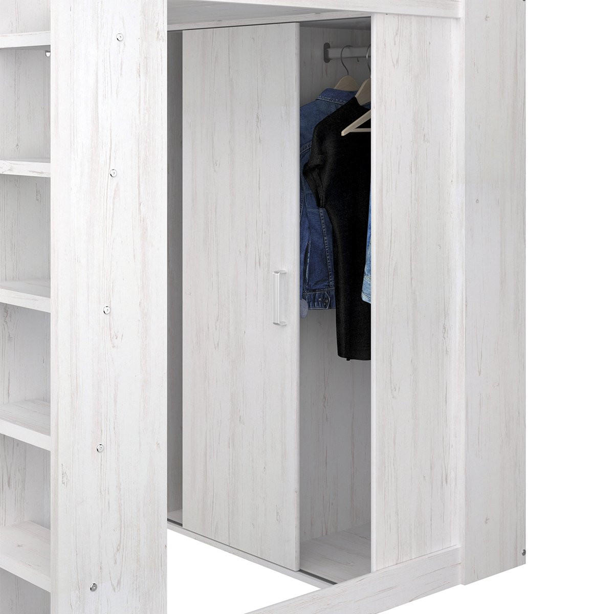 HOCHBETT Higher von Parisot Jugendbett 90 x 200 cm in Kiefer Hell komplett Set mit integriertem Schreibtisch und Kleiderschrank - Grau, Holzwerkstoff (90/200cm) - Calicosy