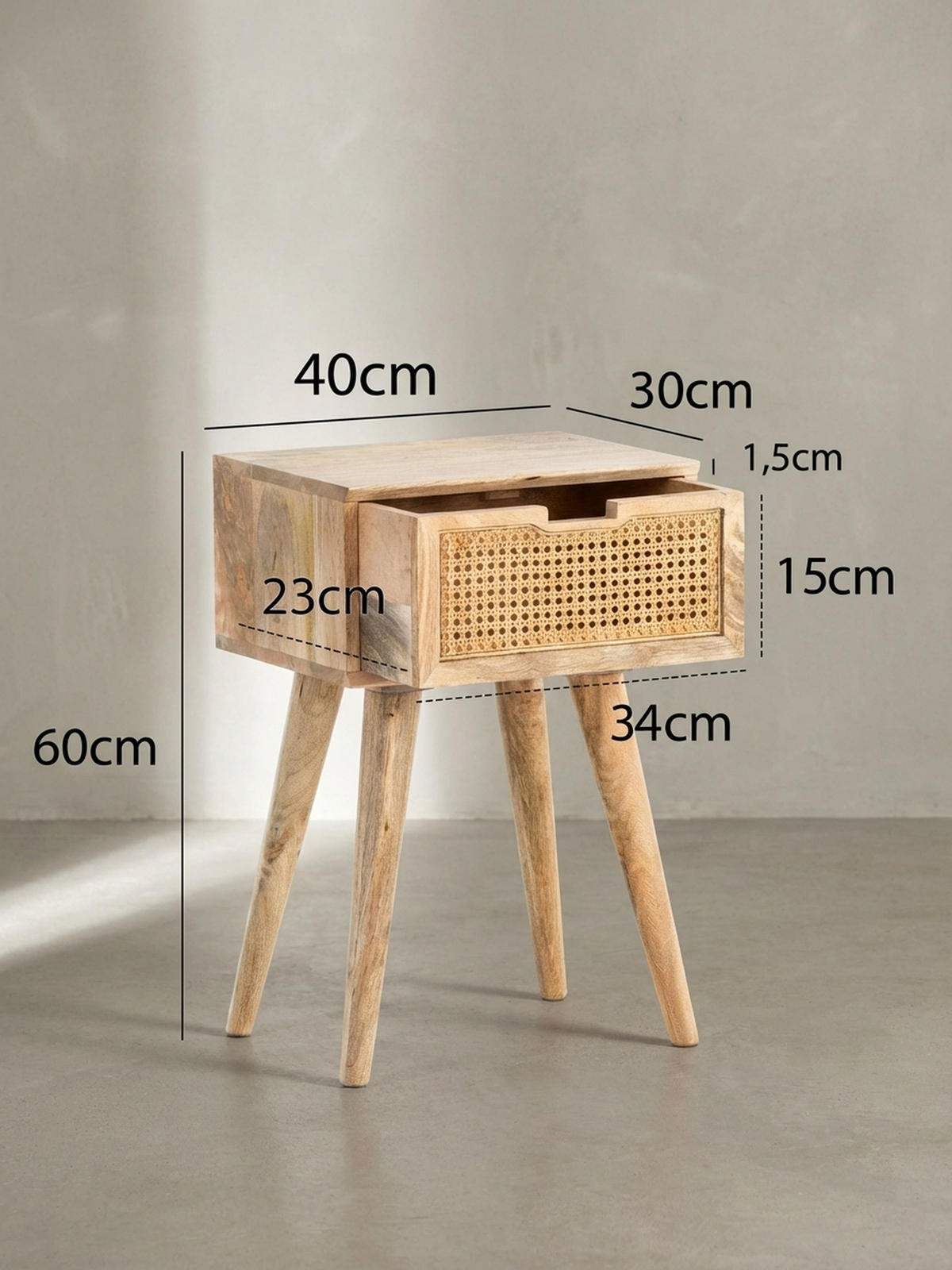 NACHTTISCH – Mango Massivholz/Rattan, 40x60x30 cm, Braun, 1 Schublade, Wiener Geflecht - Braun, Holz (40/60/30cm) - KADIMA DESIGN