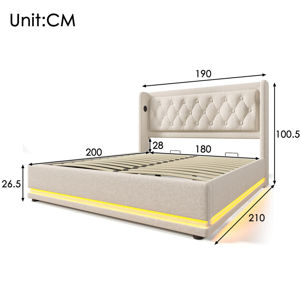 POLSTERBETT 180/200 cm mit hydraulischem Bettkasten, USB/Typ-C & 3-seitiger LED, Beige - Beige, Textil (180/200cm) - Redom