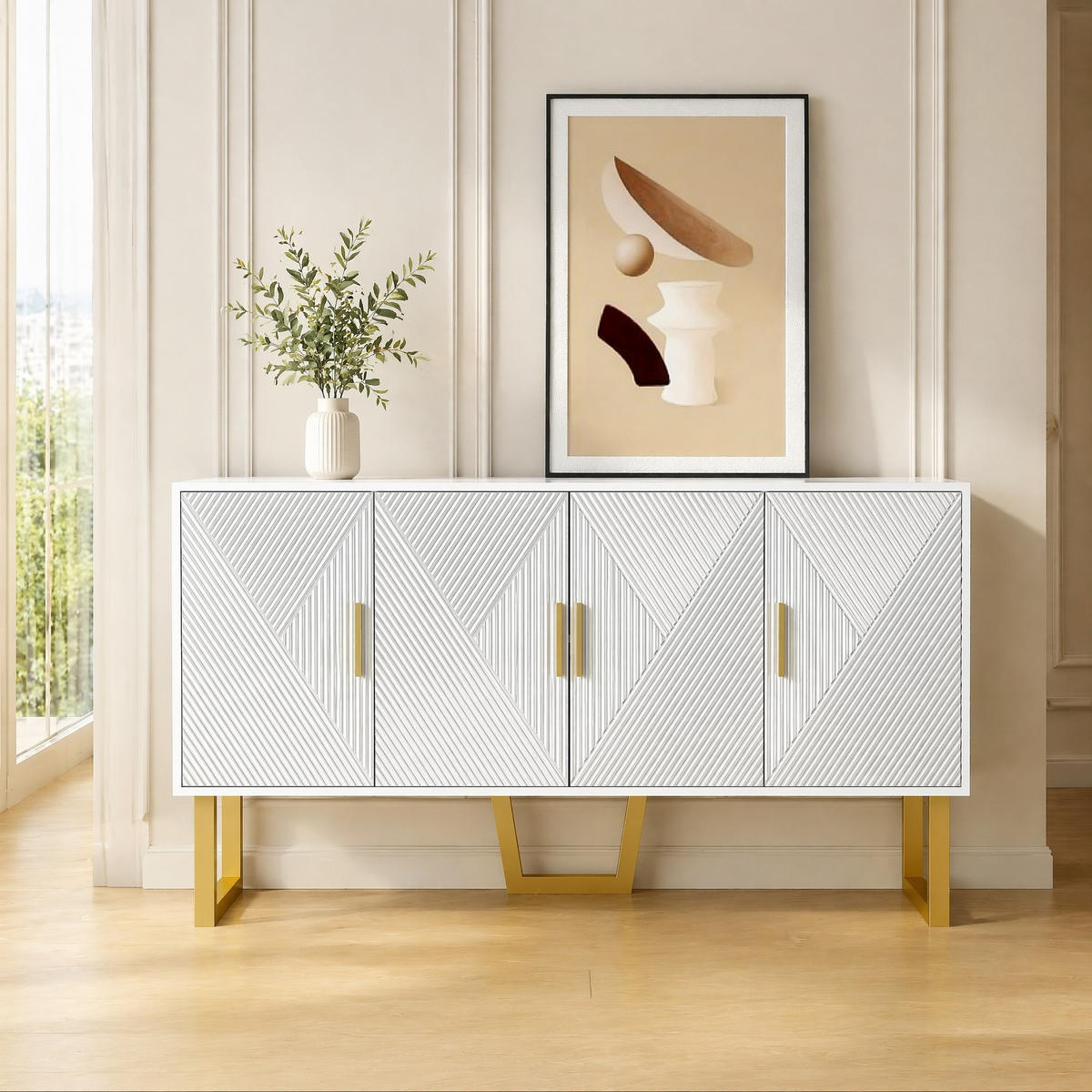 SIDEBOARD in Weiß Anrichte mit 4-Türen-Design und goldenen Griffen für Wohnzimmer und Schlafzimmer, B150/T40/H82 cm - Goldfarben/Weiß, Holzwerkstoff/Metall (150/82/40cm) - STILVORA