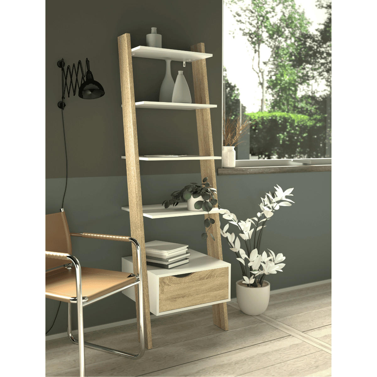 BÜCHERREGAL mit 4 Einlegeböden, 1 Schublade weiß und Eiche Dekor billund 55,1/48,1/180,4 cm - Weiß, Holzwerkstoff (48.1/180.4/55.1cm) - Calicosy