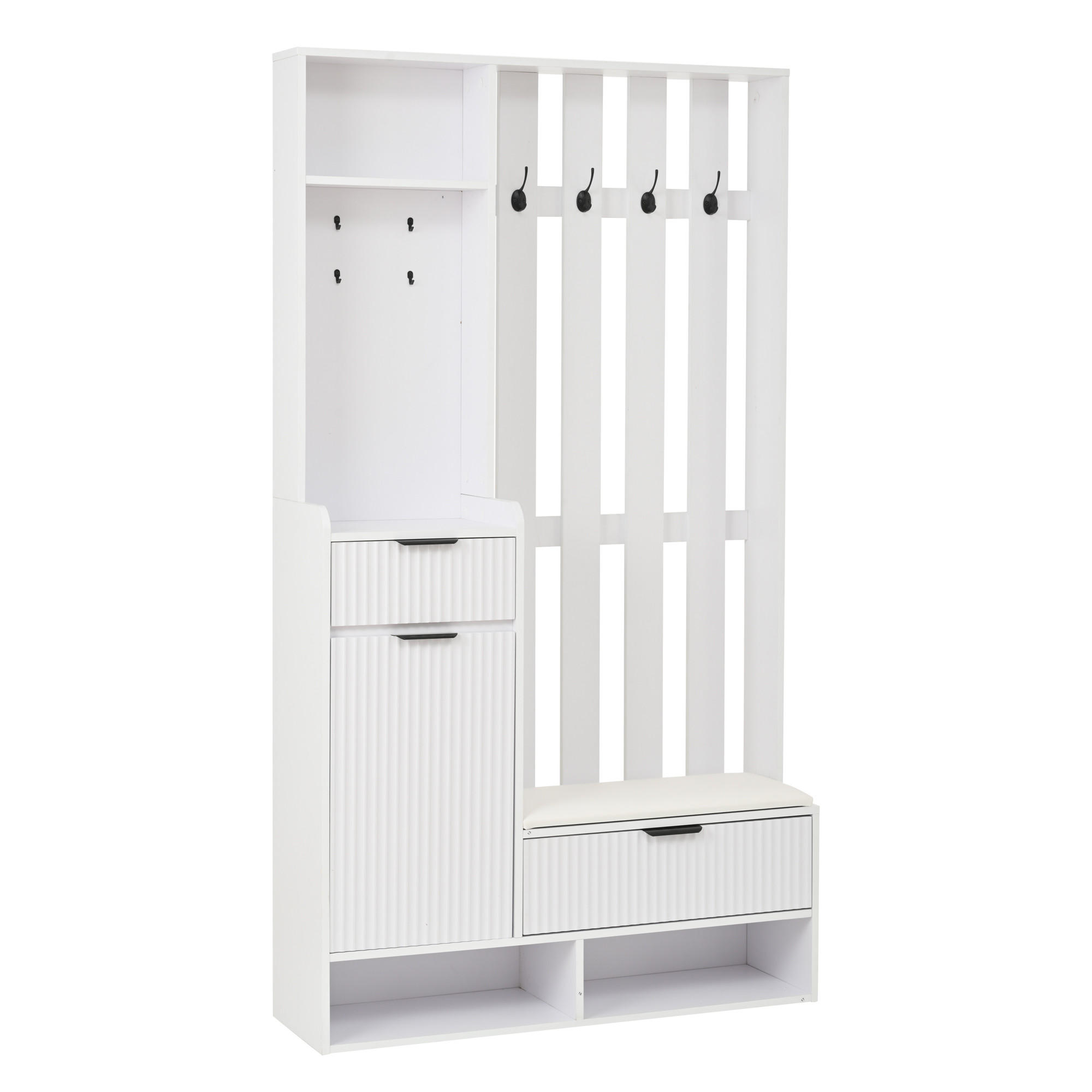 SCHUHSCHRANK aus Spanplatte 100x30x180cm in Weiß mit 8 Haken & Sitzkissen - Weiß, Holzwerkstoff (100/180/30cm) - Modfu