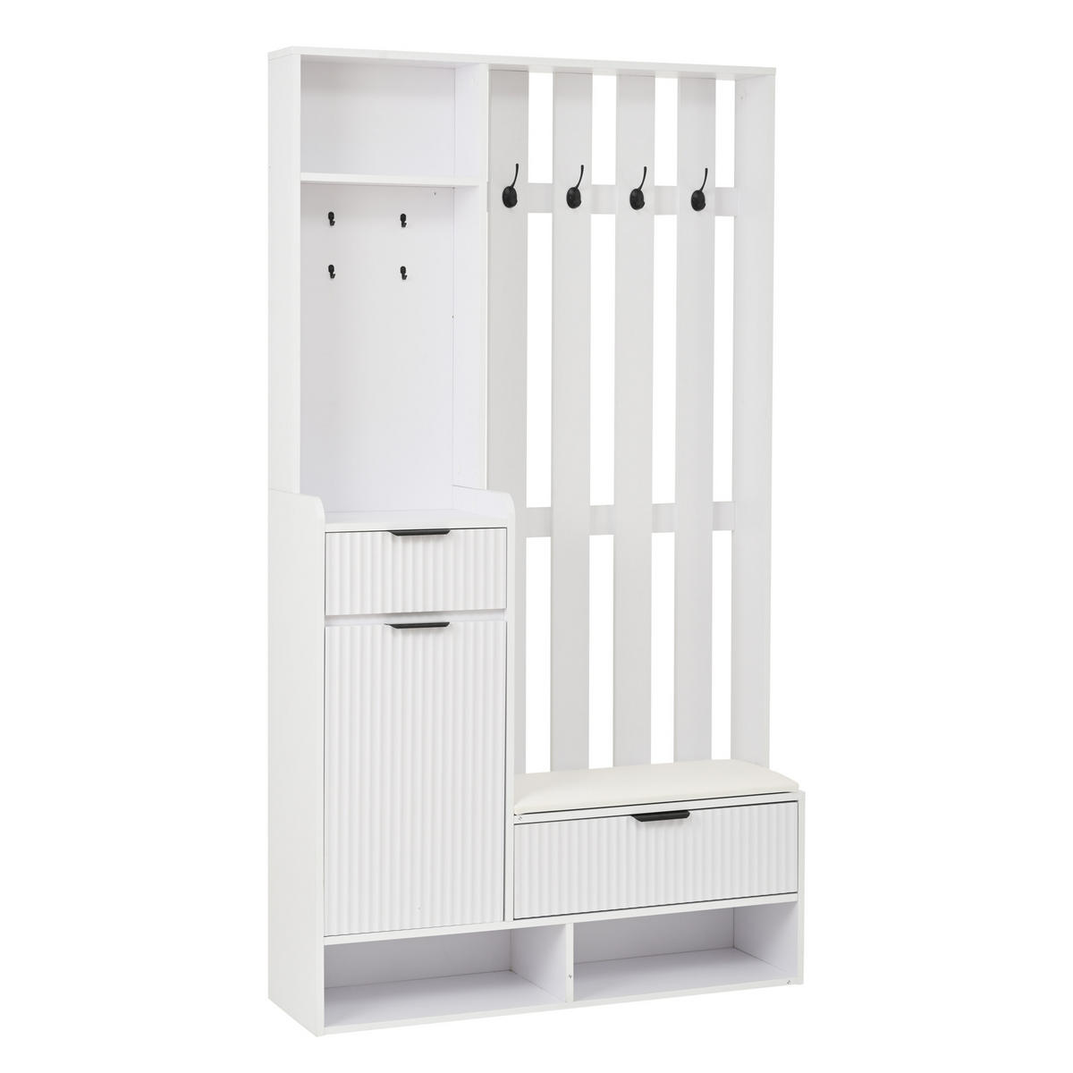 SCHUHSCHRANK aus Spanplatte 100x30x180cm in Weiß mit 8 Haken & Sitzkissen - Weiß, Holzwerkstoff (100/180/30cm) - Modfu