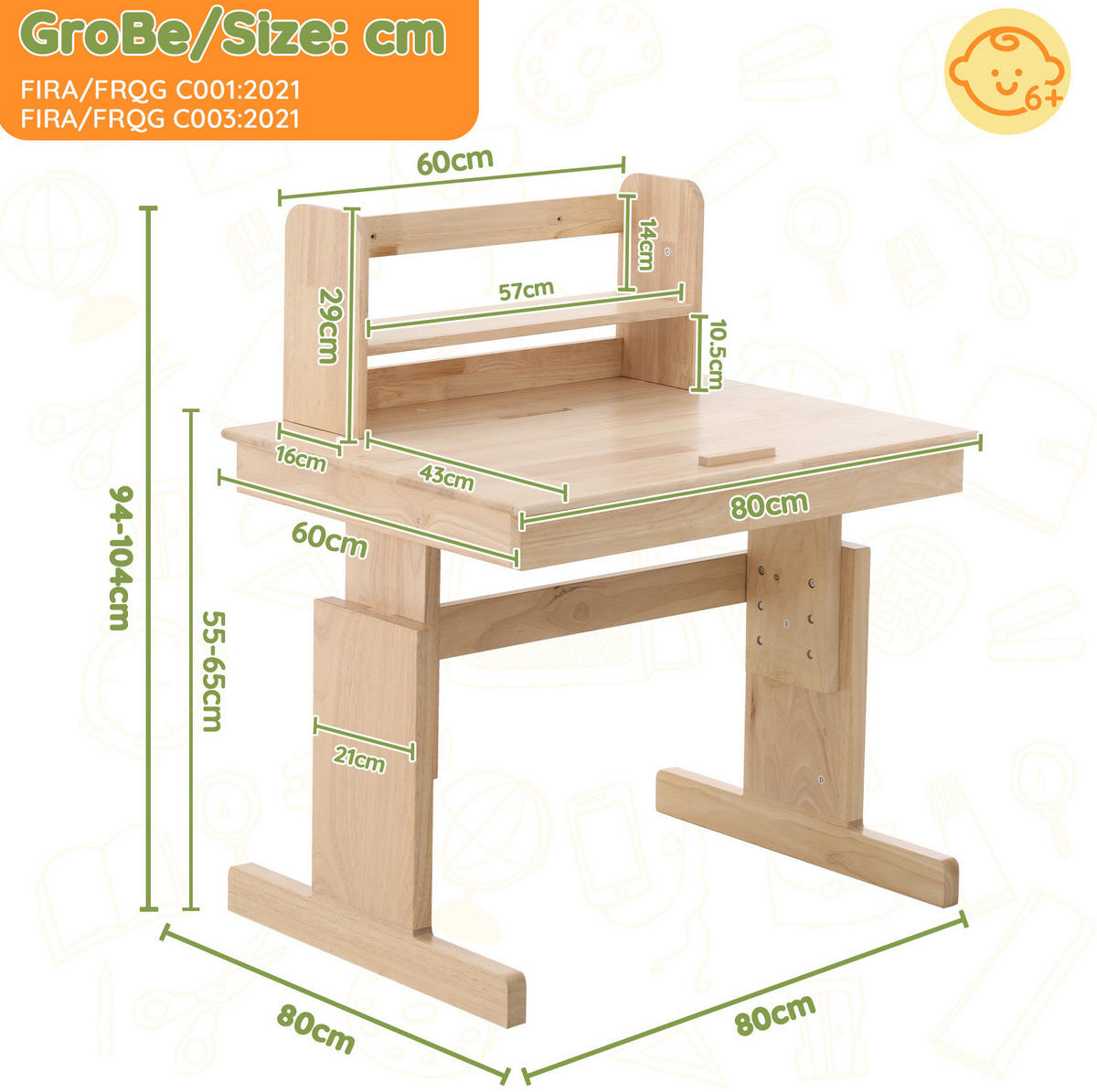 KINDERSCHREIBTISCH höhenverstellbar 80 x 60 cm Holz Natur - Braun, Holz (80/94/80cm) - Meubliv