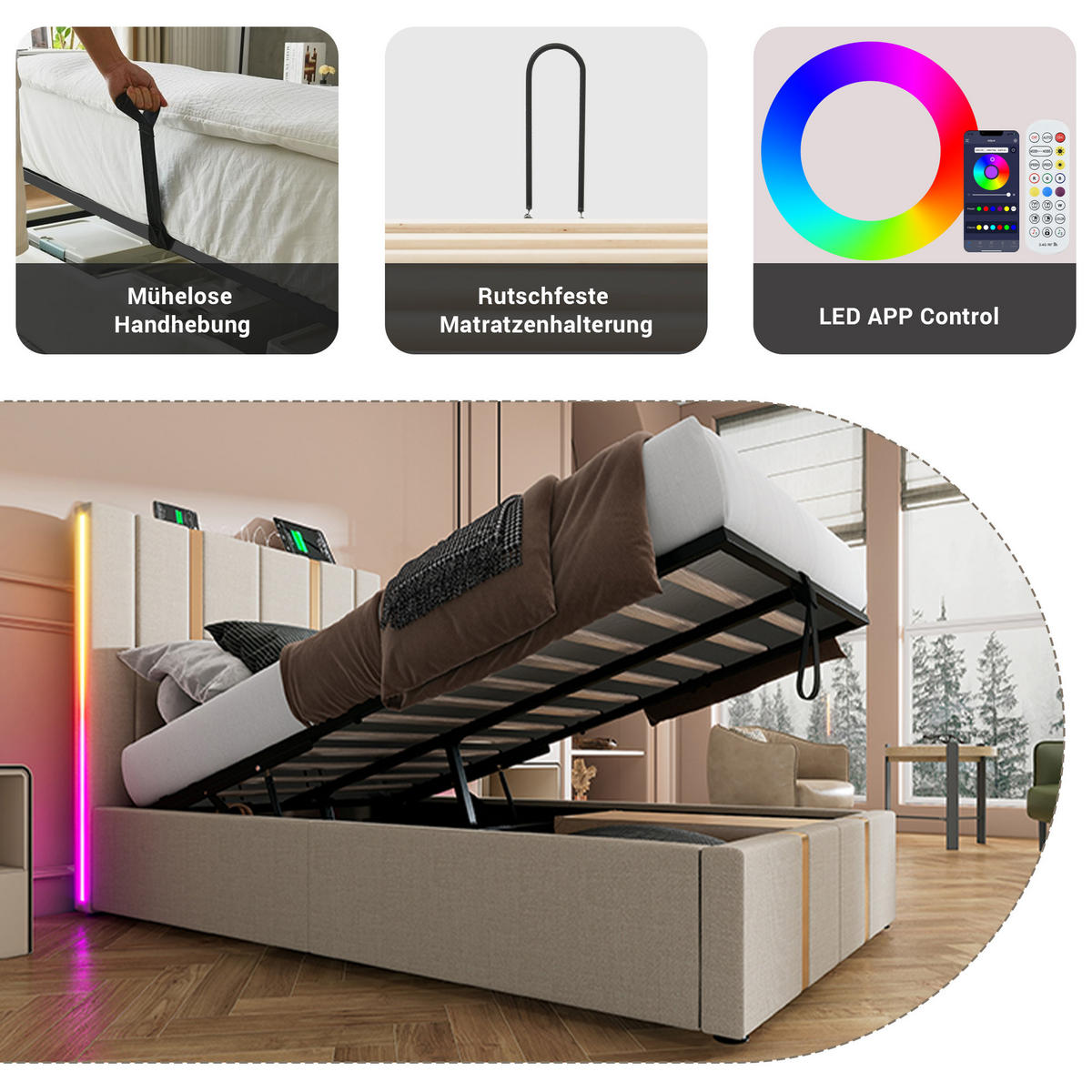 POLSTERBETT 90/200 cm in Beige mit Bettkasten, LED, USB und Type-C Leinen - Beige, Holzwerkstoff/Textil (90/200cm) - STILVORA