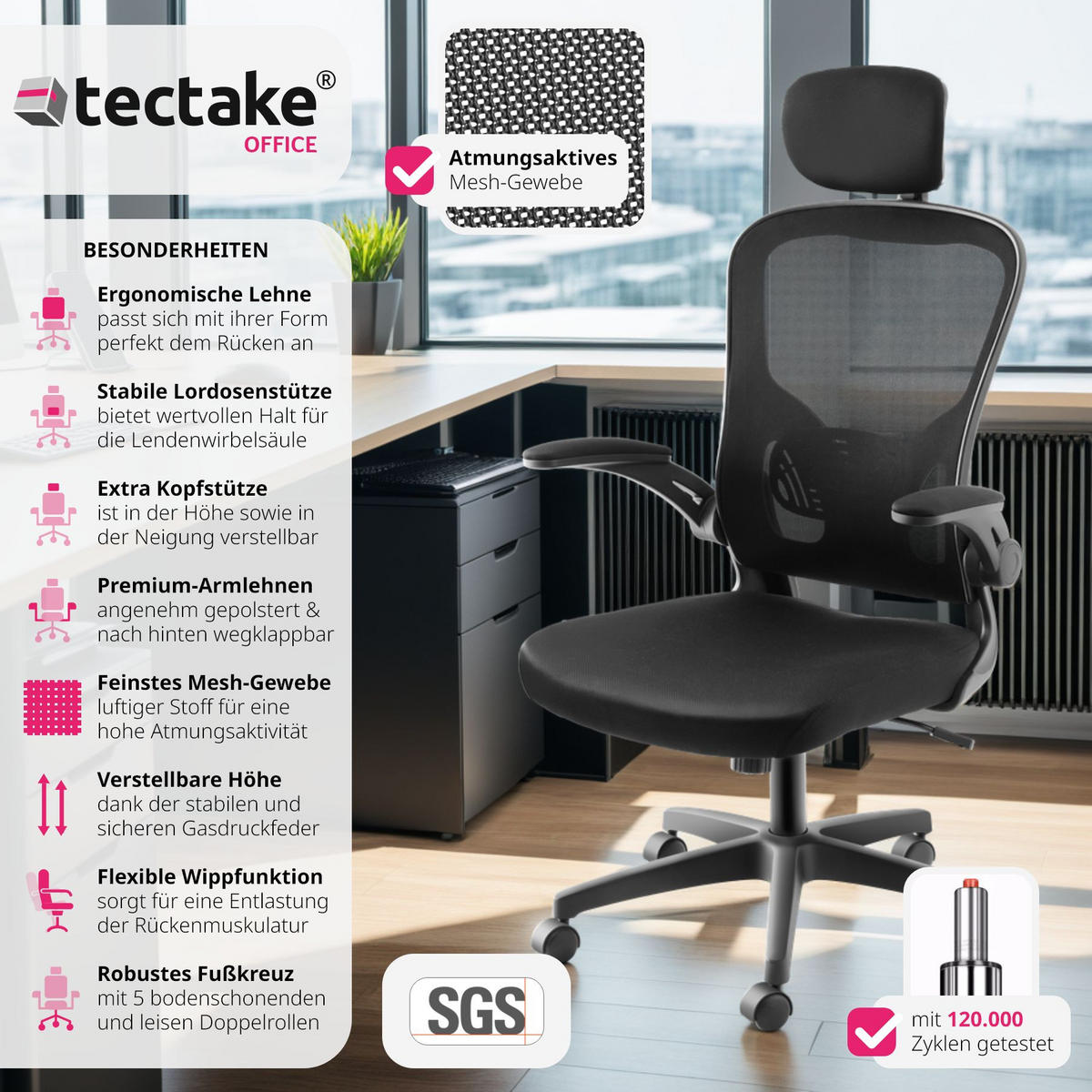 BÜROSTUHL Arges, stufenlos höhenverstellbar, schwarz - Schwarz, Kunststoff (68/131/63cm) - tectake