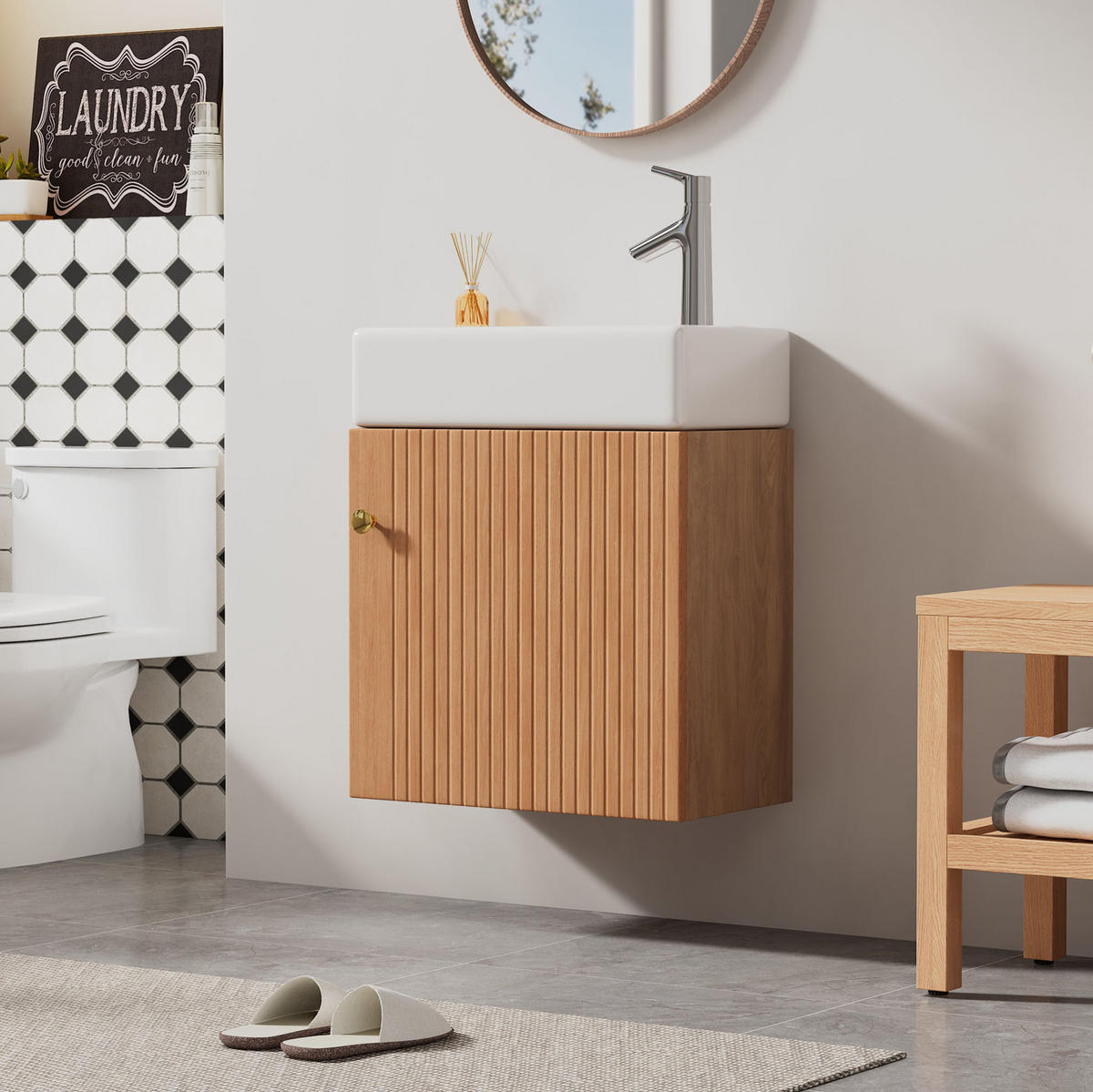 KOUPELNOVÁ skříňka s umyvadlem z MDF 46x26x56 cm v dekoru přírodního dřeva se soft-close dvířky a 3D čelem - přírodní, kompozitní dřevo (46/56/26cm) - Modfu