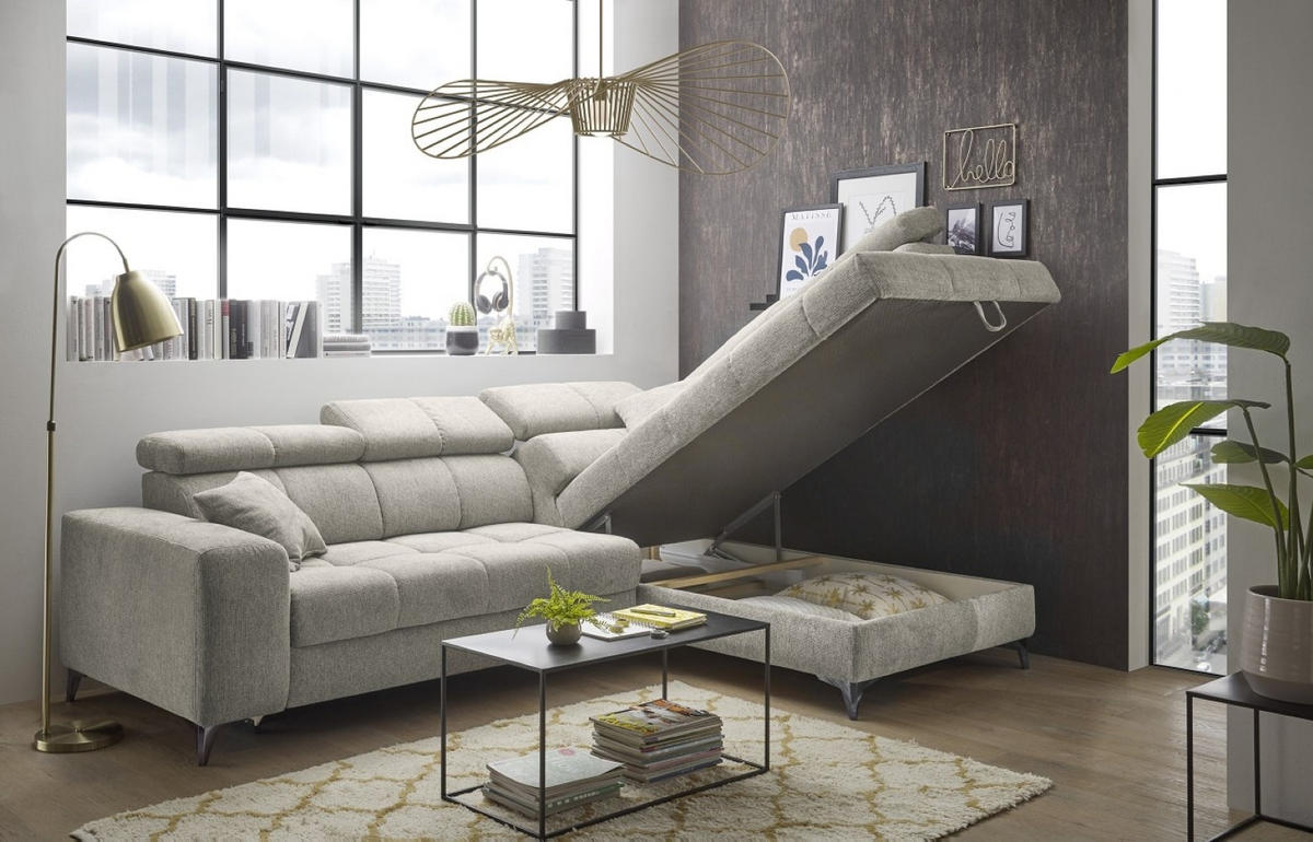 ECKSOFA mit Schlaffunktion und Bettkasten, Luxus-Mikrofaser - Beige/Schwarz, Textil/Metall (198/282cm) - ed exciting design