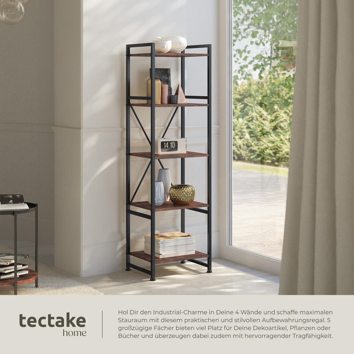 REGAL Manchester,inklusive Kippschutz, 47,5 x 34,5 x 151,5 cm,Industrial Holz dunkel, rustikal - Rostfarben, Holz (34.5/151.5/47.5cm) - tectake