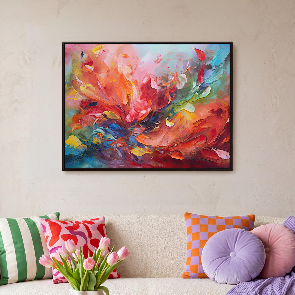 LEINWAND Bilder mit Rahmen - Ölgemälde - Kunst - Abstrakt - Farbenfroh - 70x50 - Altrosa, Textil (70/50cm) - MuchoWow