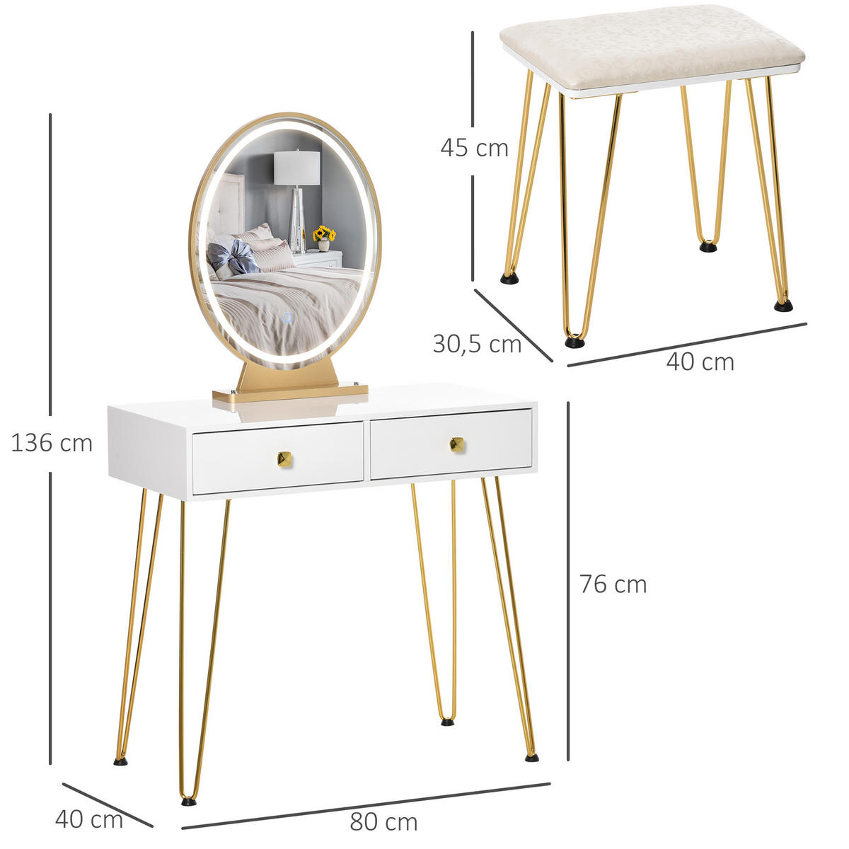 SCHMINKTISCH Kosmetiktisch mit Hocker 2 Schubladen 1 Lippenstiftraster MDF Weiß - Weiß, Holzwerkstoff (40/136/80cm) - HOMCOM