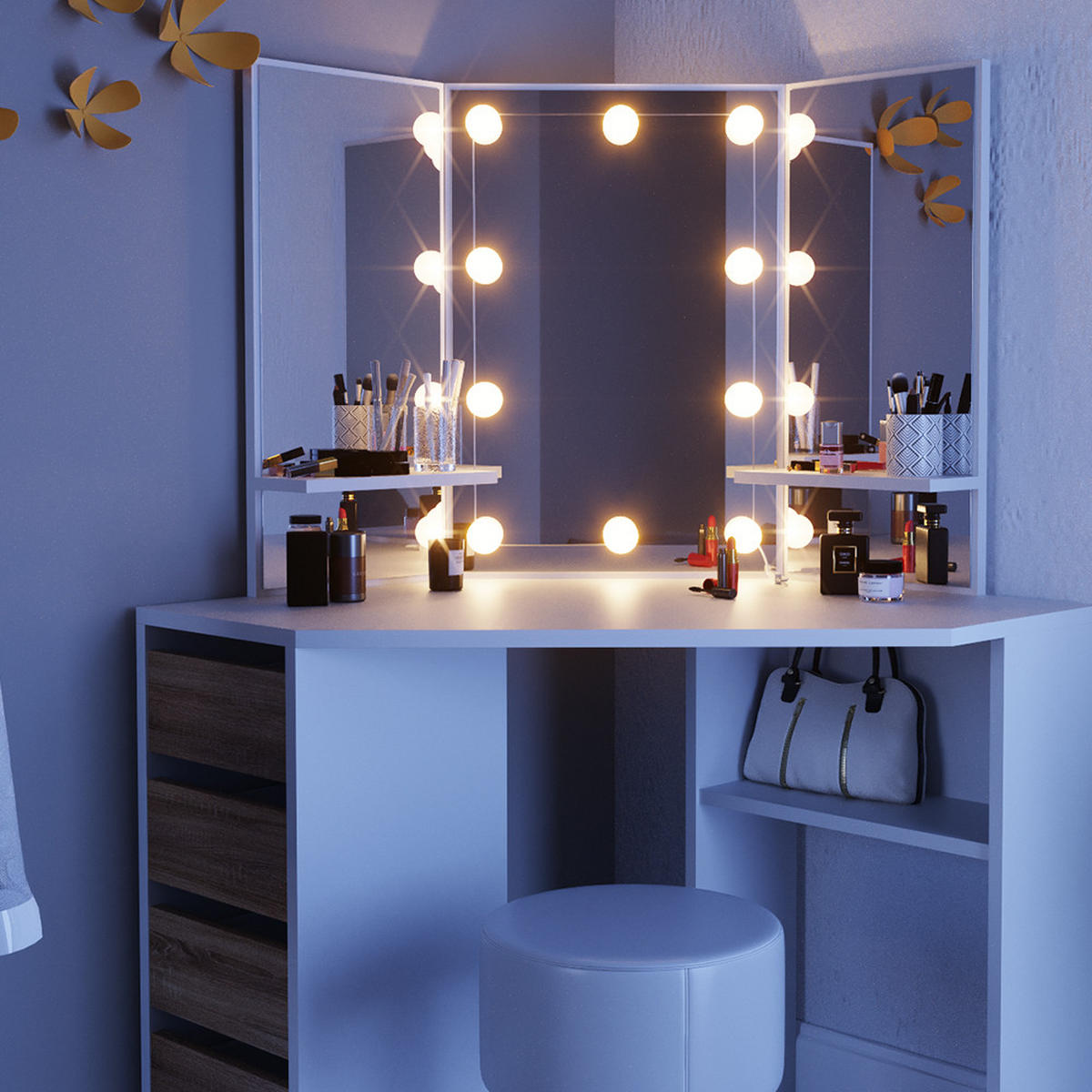 ECKSCHMINKTISCH Arielle Weiß/Sonoma 110 cm mit LED Beleuchtung und Hocker - Weiß/Sonoma Eiche, Holzwerkstoff (110/141.5/54cm) - Vicco