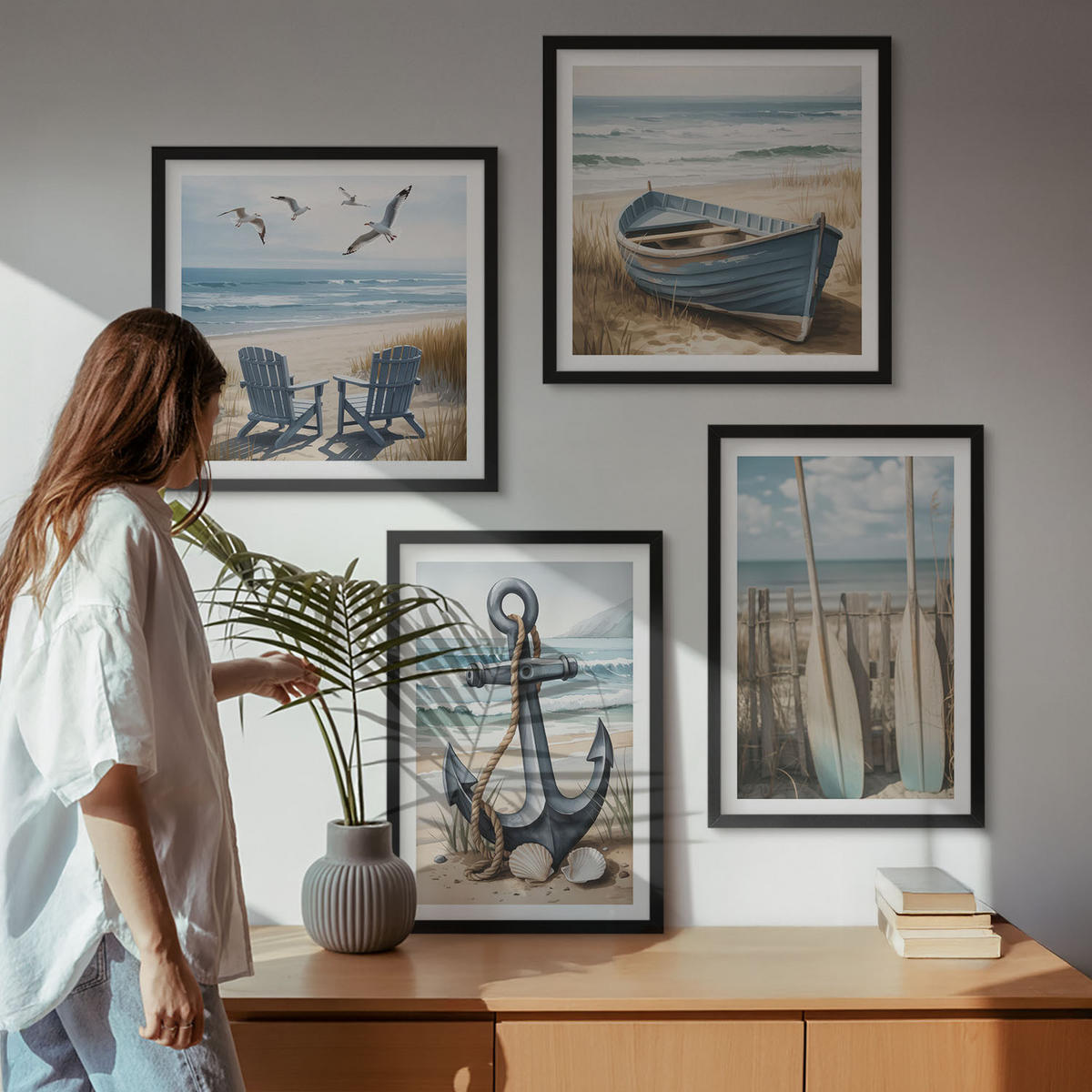 BILDER SET 4er Set - 50x50 cm & 40x60 cm Schwarzer Rahmen - Anker, Boot, Ruder, Strand - Schwarz, Kunststoff (50/50cm) - TULUP