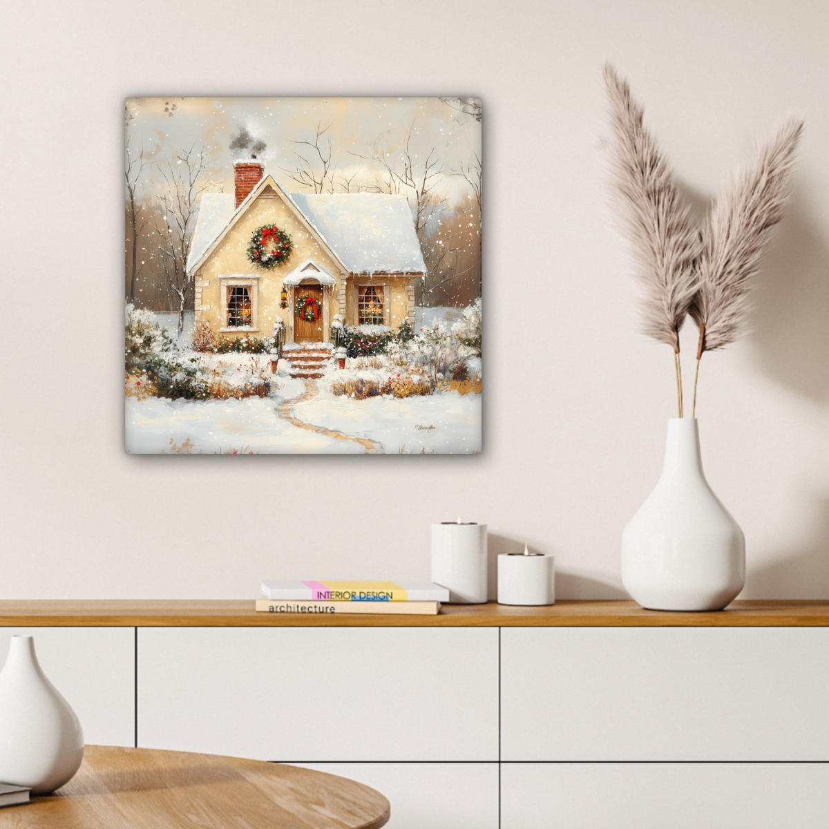 LEINWANDBILD Weihnachten - Zuhause - Winter - Schnee Wandbild Wohnzimmer 50x50 cm - Creme, Textil (50/50cm) - MuchoWow