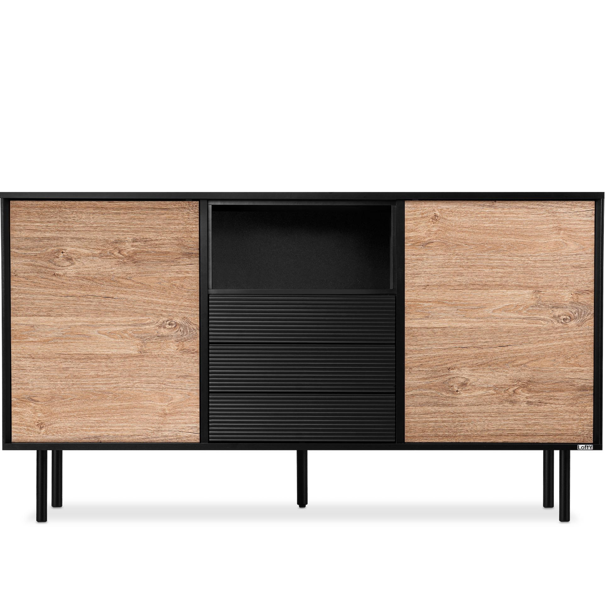 KOMMODE LOFTY Außenseiteneinlage, schwarz / Eiche natur - Eichefarben/Schwarz, Holzwerkstoff (151/84/41cm) - KONSIMO®