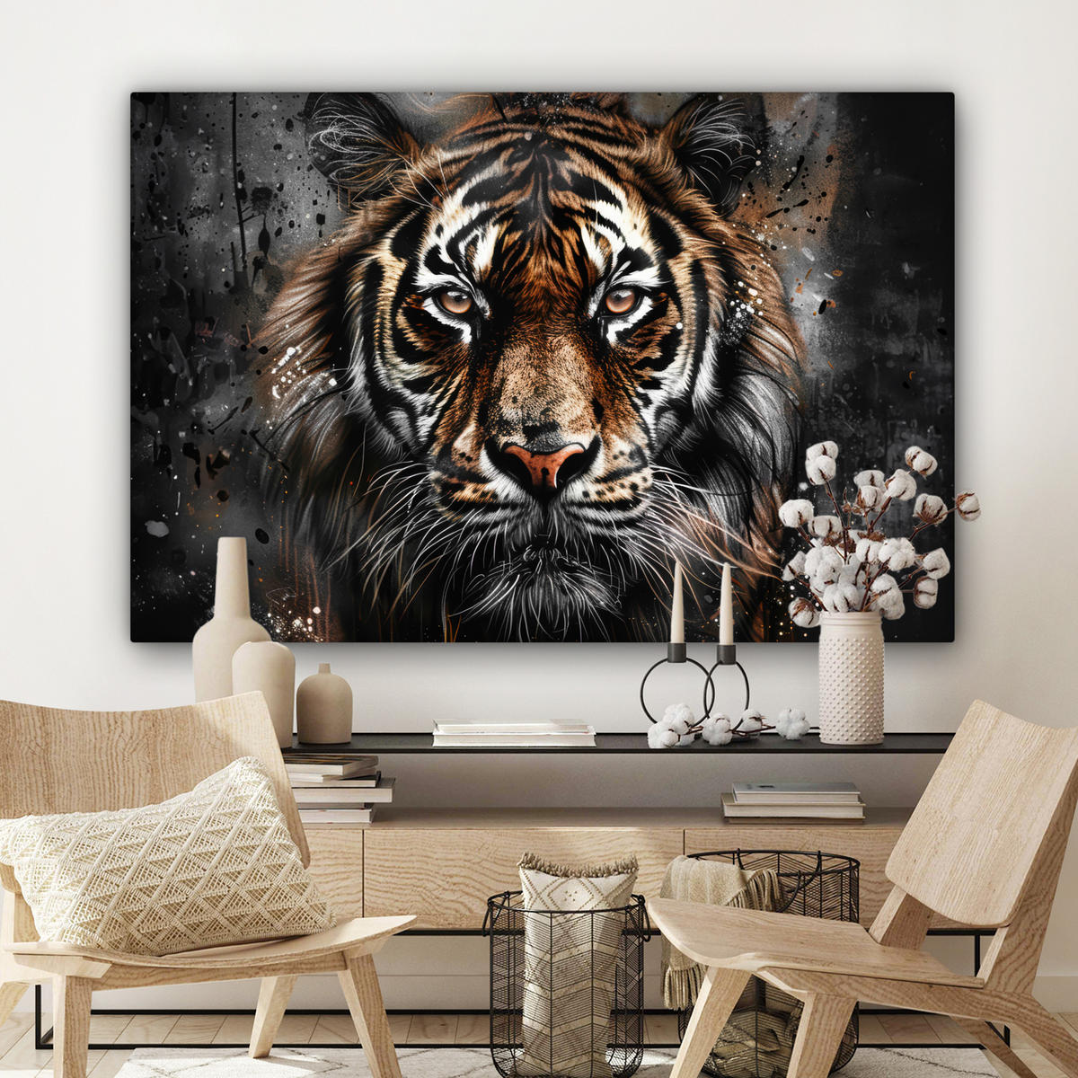 LEINWANDBILD Tiger - Tiere - Porträt - Luxus - Schwarz Groß 140x90 cm - Anthrazit, Textil (140/90cm) - MuchoWow