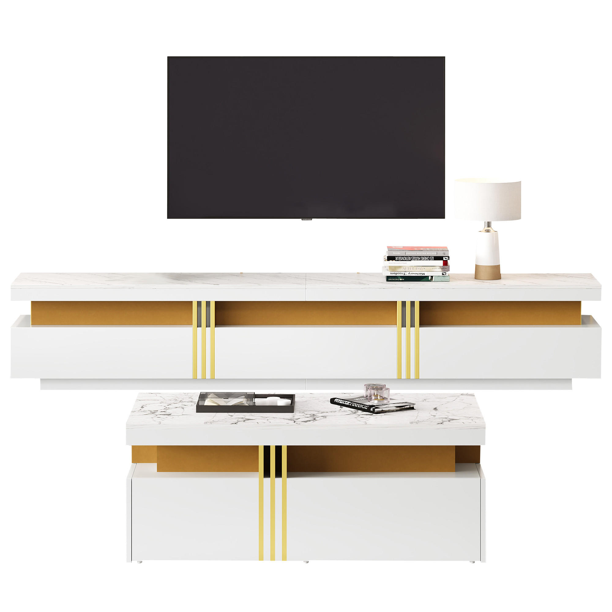 COUCHTISCH mit Couchtisch und TV-Schrank, multifunktionales Aufbewahrungsset Weiß - Weiß, Holzwerkstoff (200/40/42cm) - EVRYAE