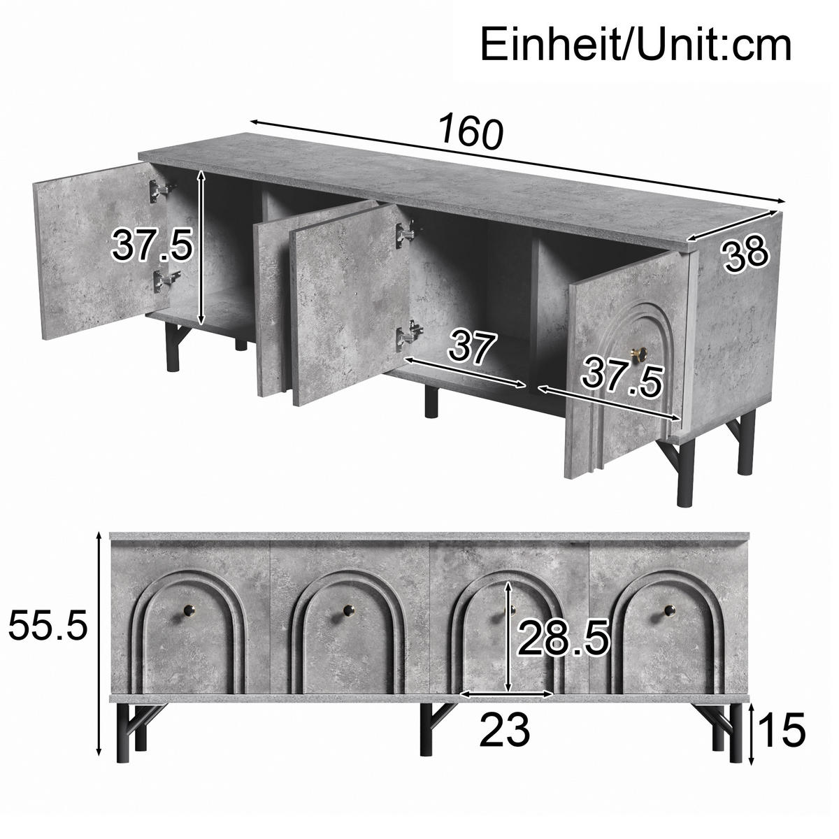 TV-SCHRANK aus Spanplatte mit 4 Türen und 3D-Bogenfront, 160/38/55,5 cm, Grau - Grau, Holzwerkstoff (38/55.5/160cm) - Redom
