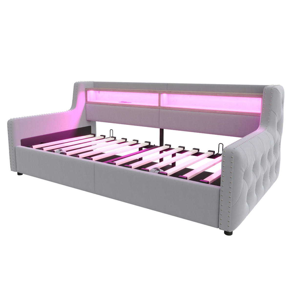 POLSTERBETT 90/200 cm aus Samt mit LED-Beleuchtung, Stauraum, USB- und Typ-C-Anschluss, Hellgrau - Hellgrau, Textil (90/200cm) - Redom